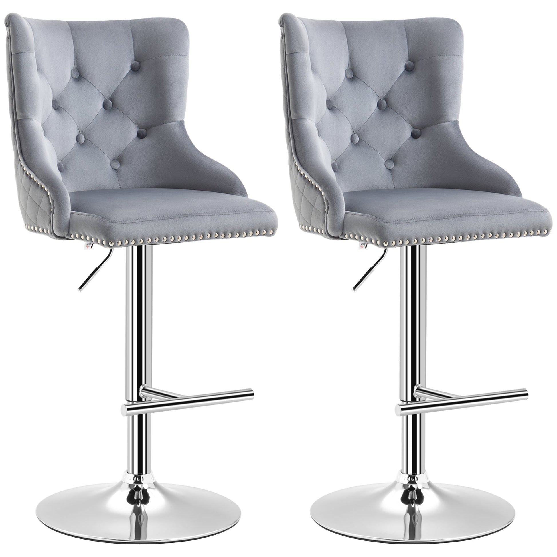 Modern Adjustable Bar Stools Set of 2, Swivel Velvet Barstools with Button Tufted Back, Footrest, Nailhead Trim for Home Bar, Grey Bar Stools Multi Colour  at Gallery Canada