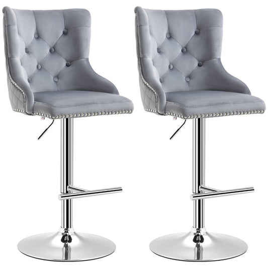 Modern Adjustable Bar Stools Set of 2, Swivel Velvet Barstools with Button Tufted Back, Footrest, Nailhead Trim for Home Bar, Grey - Gallery Canada