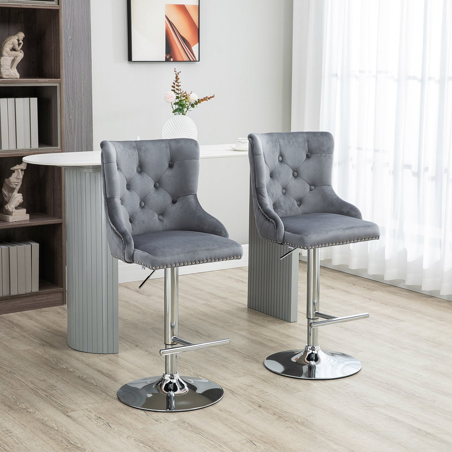 Modern Adjustable Bar Stools Set of 2, Swivel Velvet Barstools with Button Tufted Back, Footrest, Nailhead Trim for Home Bar, Grey Bar Stools   at Gallery Canada