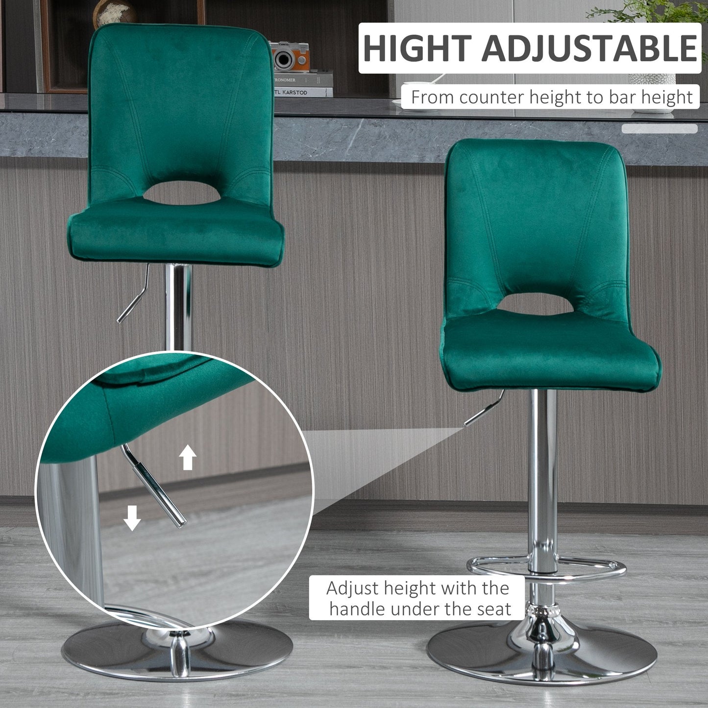 Modern Bar stool Set of 2 Armless Adjustable Height Fabric Upholstered Bar Chair with Swivel Seat, Green Bar Stools   at Gallery Canada