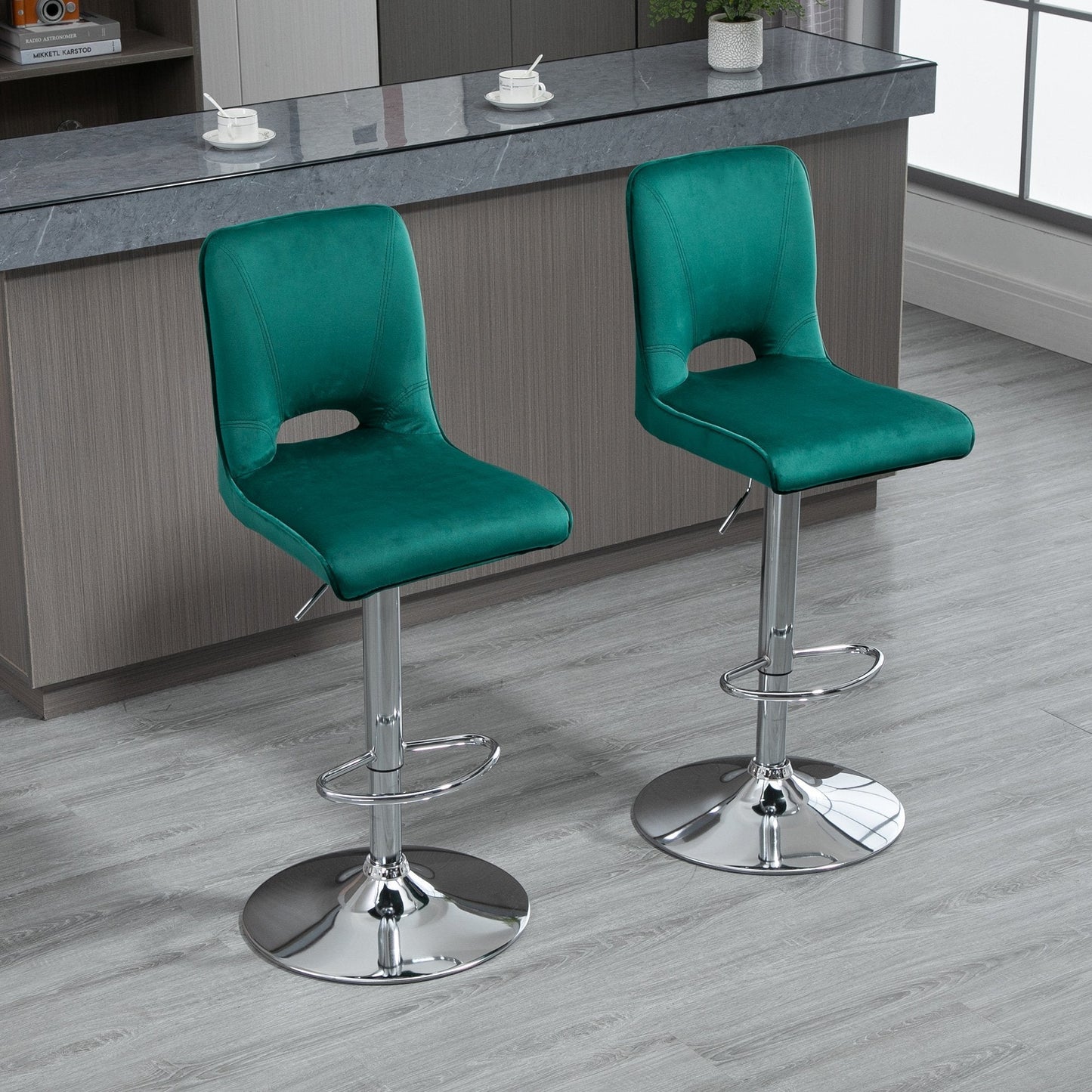 Modern Bar stool Set of 2 Armless Adjustable Height Fabric Upholstered Bar Chair with Swivel Seat, Green Bar Stools   at Gallery Canada