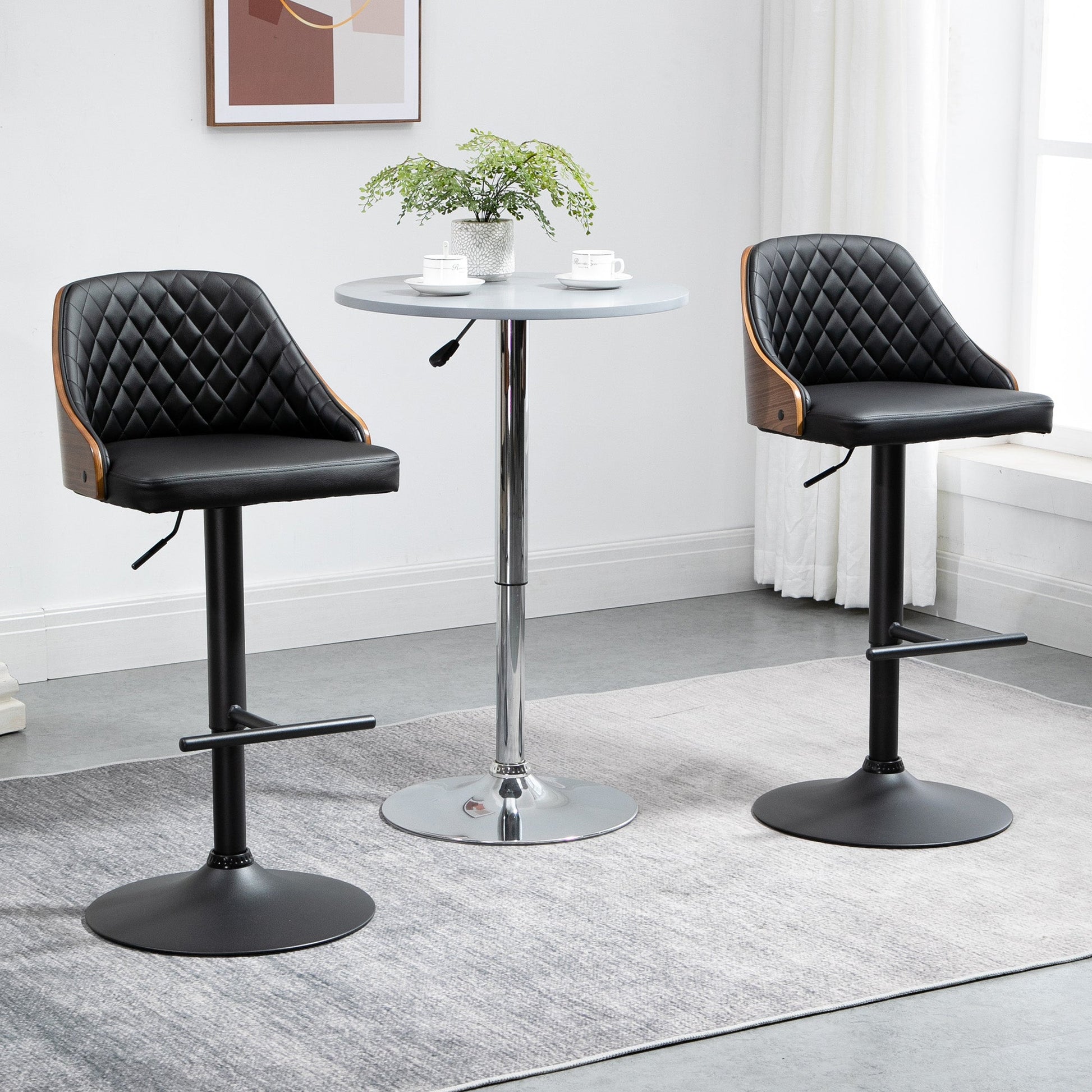 Modern Bar Stools PU Leather Set of 2 Swivel Bar Height Barstools Chairs with Adjustable Height, Round Heavy Metal Base and Footrest, Black Bar Stools   at Gallery Canada