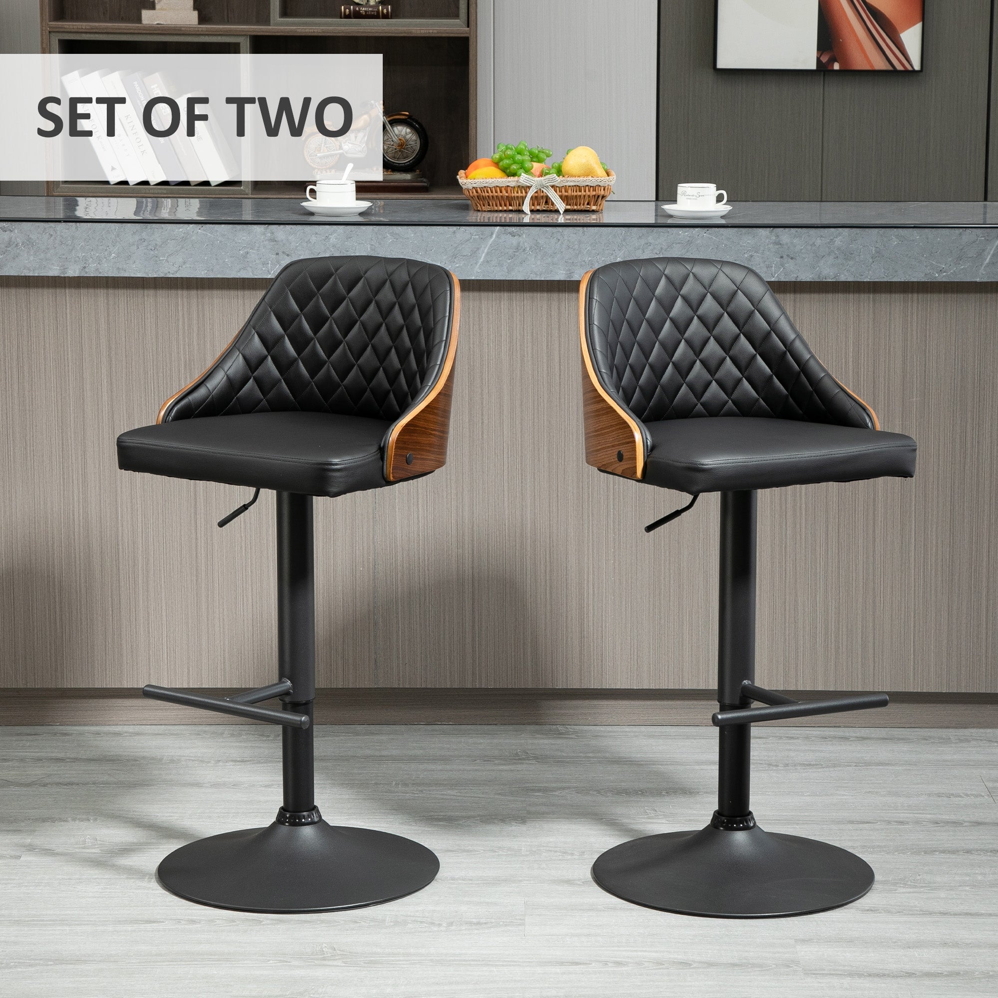 Modern Bar Stools PU Leather Set of 2 Swivel Bar Height Barstools Chairs with Adjustable Height, Round Heavy Metal Base and Footrest, Black Bar Stools   at Gallery Canada