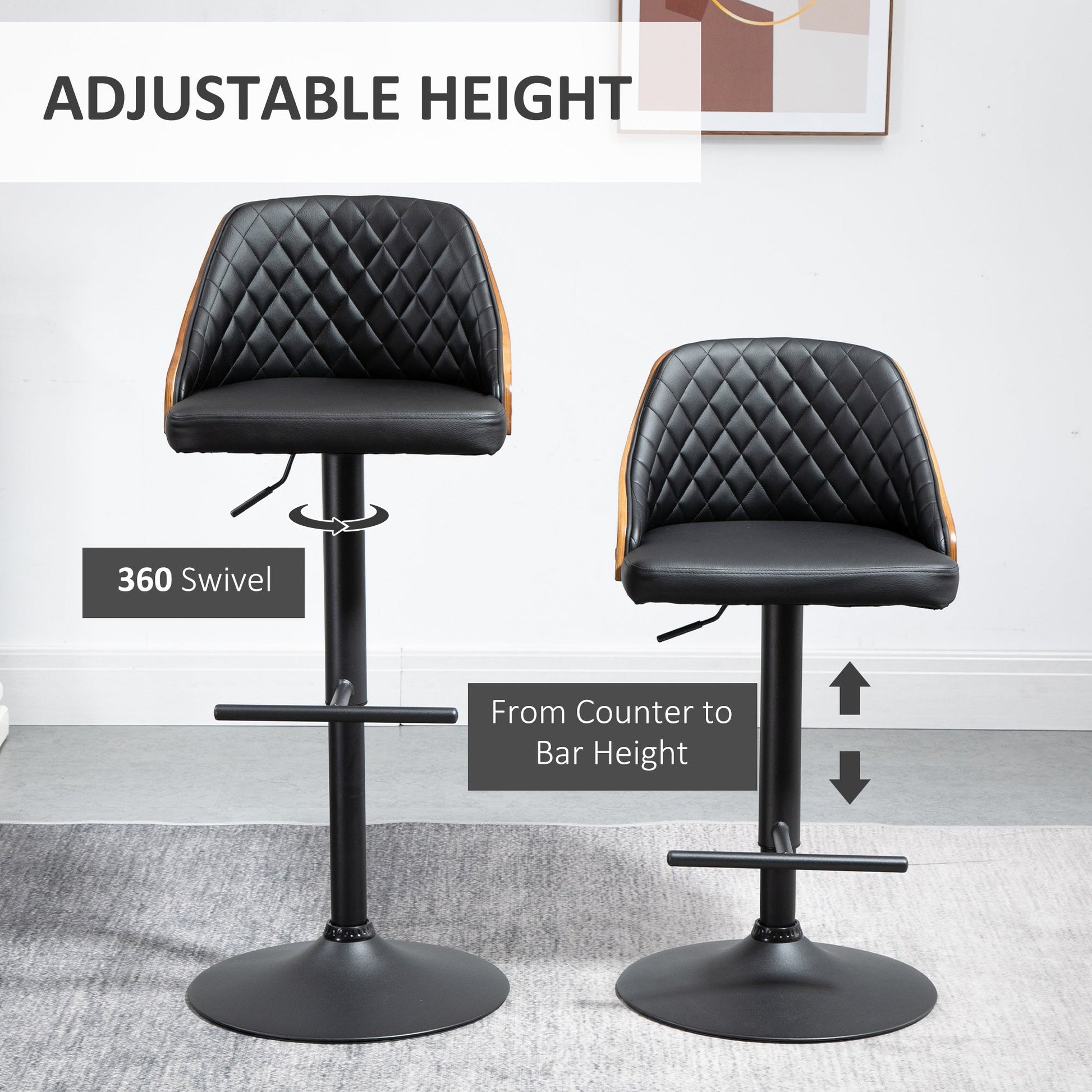 Modern Bar Stools PU Leather Set of 2 Swivel Bar Height Barstools Chairs with Adjustable Height, Round Heavy Metal Base and Footrest, Black Bar Stools   at Gallery Canada