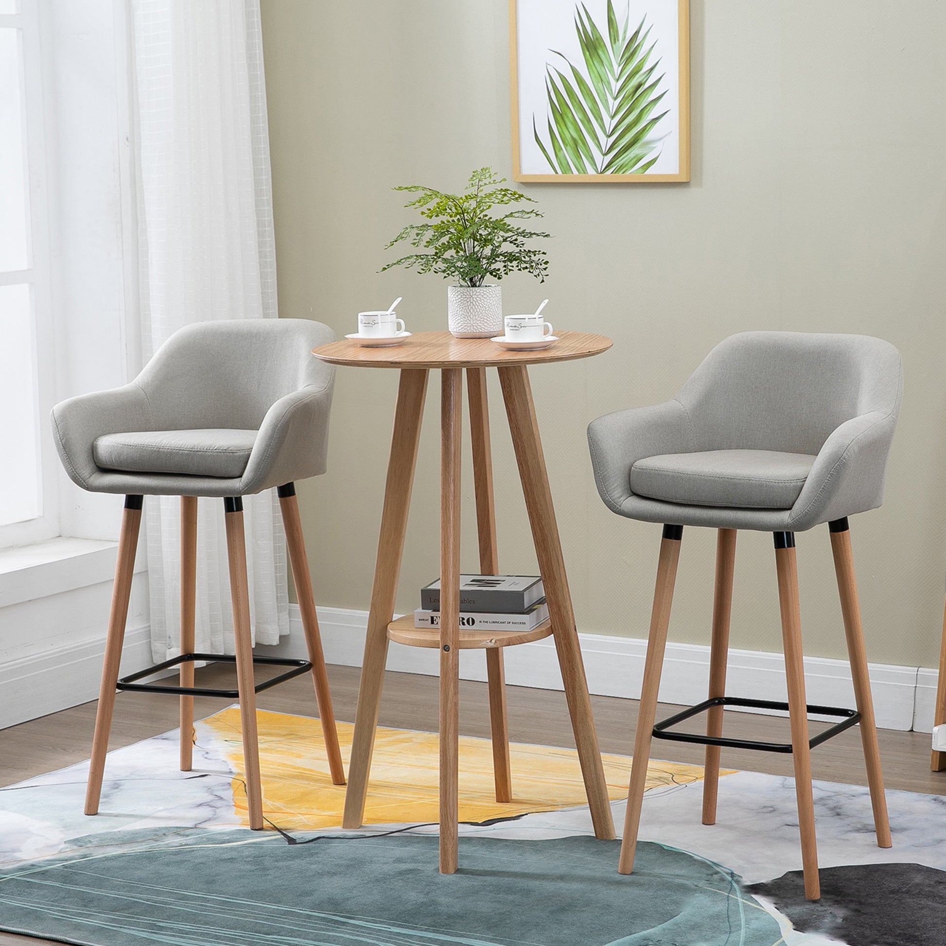 Modern Bar Stools Set of 2, 31.5" Barstools with Linen Fabric and Solid Wood Legs, Backrest and Footrest, Dining Room Kitchen Counter, Beige Bar Stools   at Gallery Canada