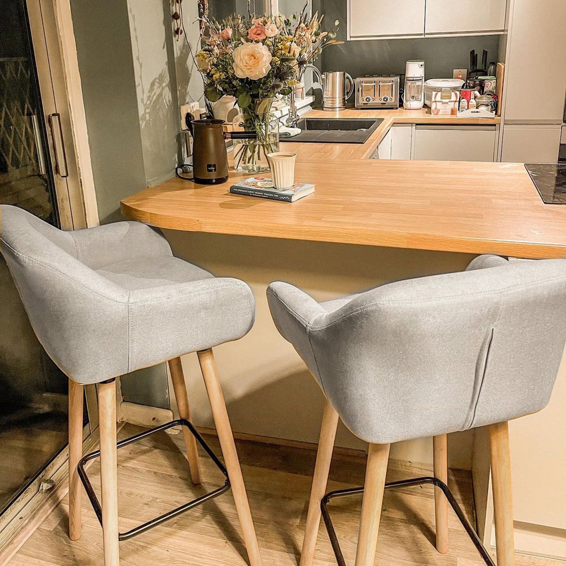 Modern Bar Stools Set of 2, 31.5" Barstools with Linen Fabric and Solid Wood Legs, Backrest and Footrest, Dining Room Kitchen Counter, Beige Bar Stools   at Gallery Canada