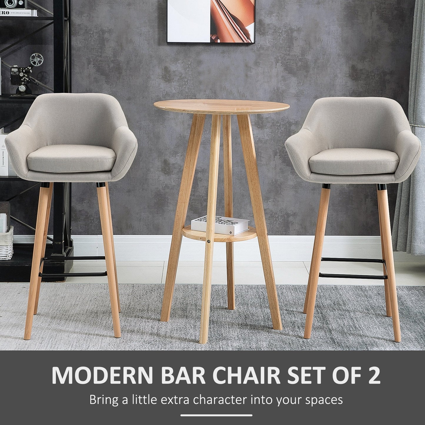 Modern Bar Stools Set of 2, 31.5" Barstools with Linen Fabric and Solid Wood Legs, Backrest and Footrest, Dining Room Kitchen Counter, Beige Bar Stools   at Gallery Canada