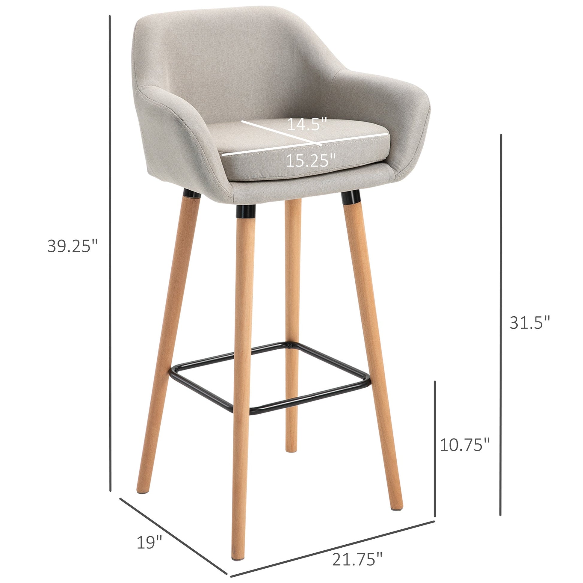 Modern Bar Stools Set of 2, 31.5" Barstools with Linen Fabric and Solid Wood Legs, Backrest and Footrest, Dining Room Kitchen Counter, Beige Bar Stools   at Gallery Canada