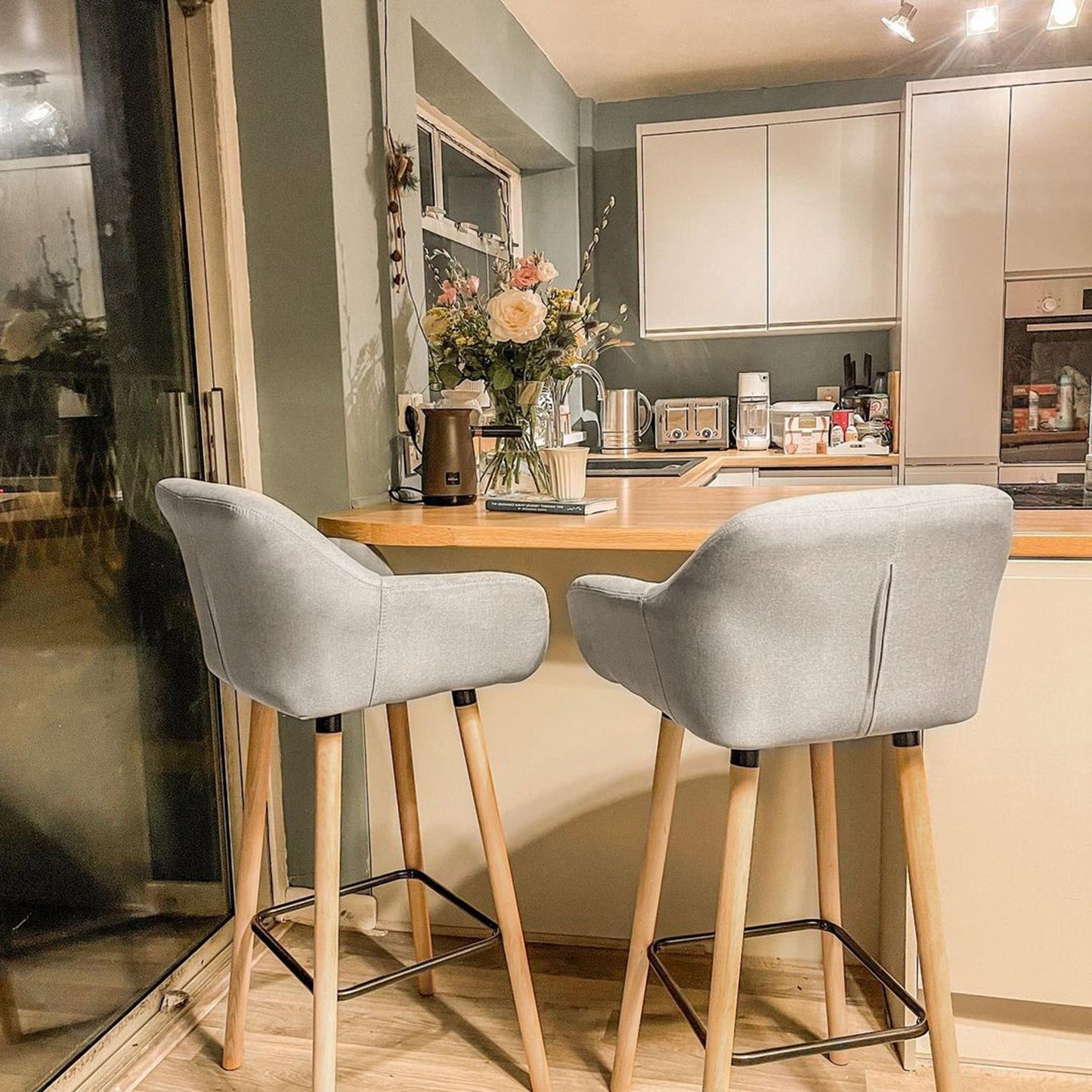 Modern Bar Stools Set of 2, 31.5" Barstools with Linen Fabric and Solid Wood Legs, Backrest and Footrest, Dining Room Kitchen Counter, Beige Bar Stools   at Gallery Canada