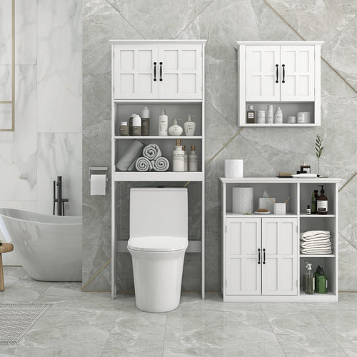 Modern Bathroom Cabinet, Freestanding Bathroom Vanities with 3 Open Shelves, Drawer and Adjustable Shelf, White