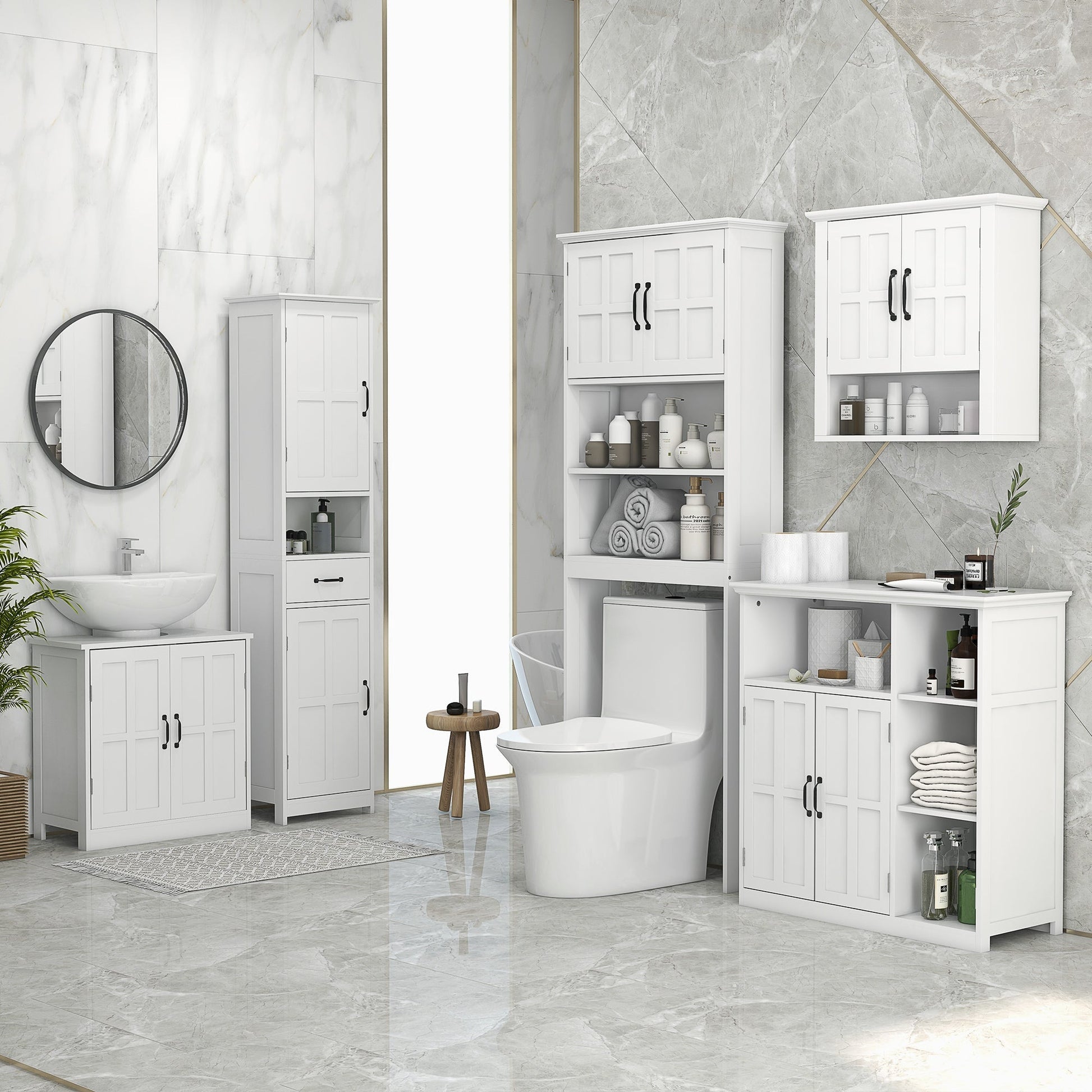 Modern Bathroom Cabinet, Freestanding Bathroom Vanities with 3 Open Shelves, Drawer and Adjustable Shelf, White Bathroom Cabinets   at Gallery Canada