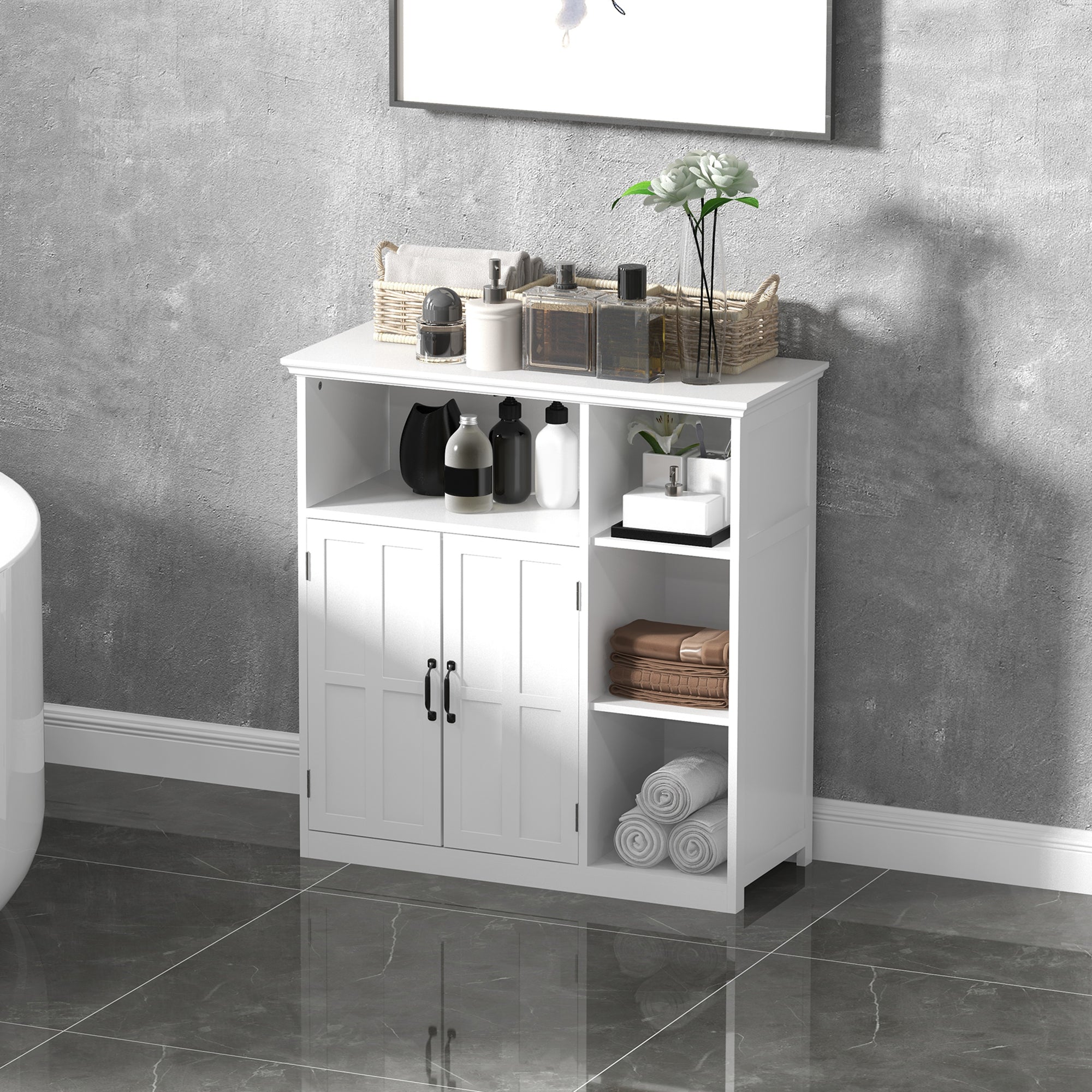 Modern Bathroom Cabinet, Freestanding Bathroom Vanities with 3 Open Shelves, Drawer and Adjustable Shelf, White Bathroom Cabinets   at Gallery Canada