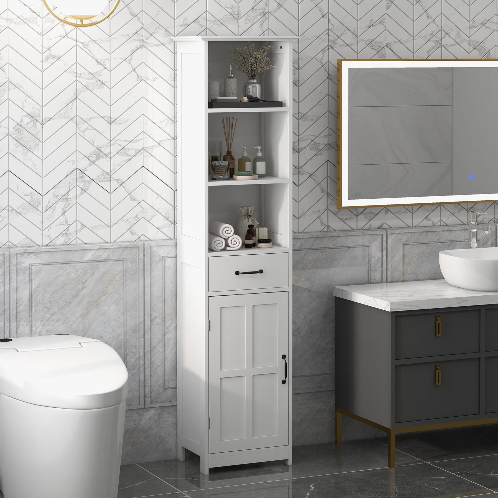 Modern Bathroom Cabinet, Narrow Bathroom Vanities with 3 Open Shelves, Drawer and Adjustable Shelf, White Bathroom Cabinets   at Gallery Canada