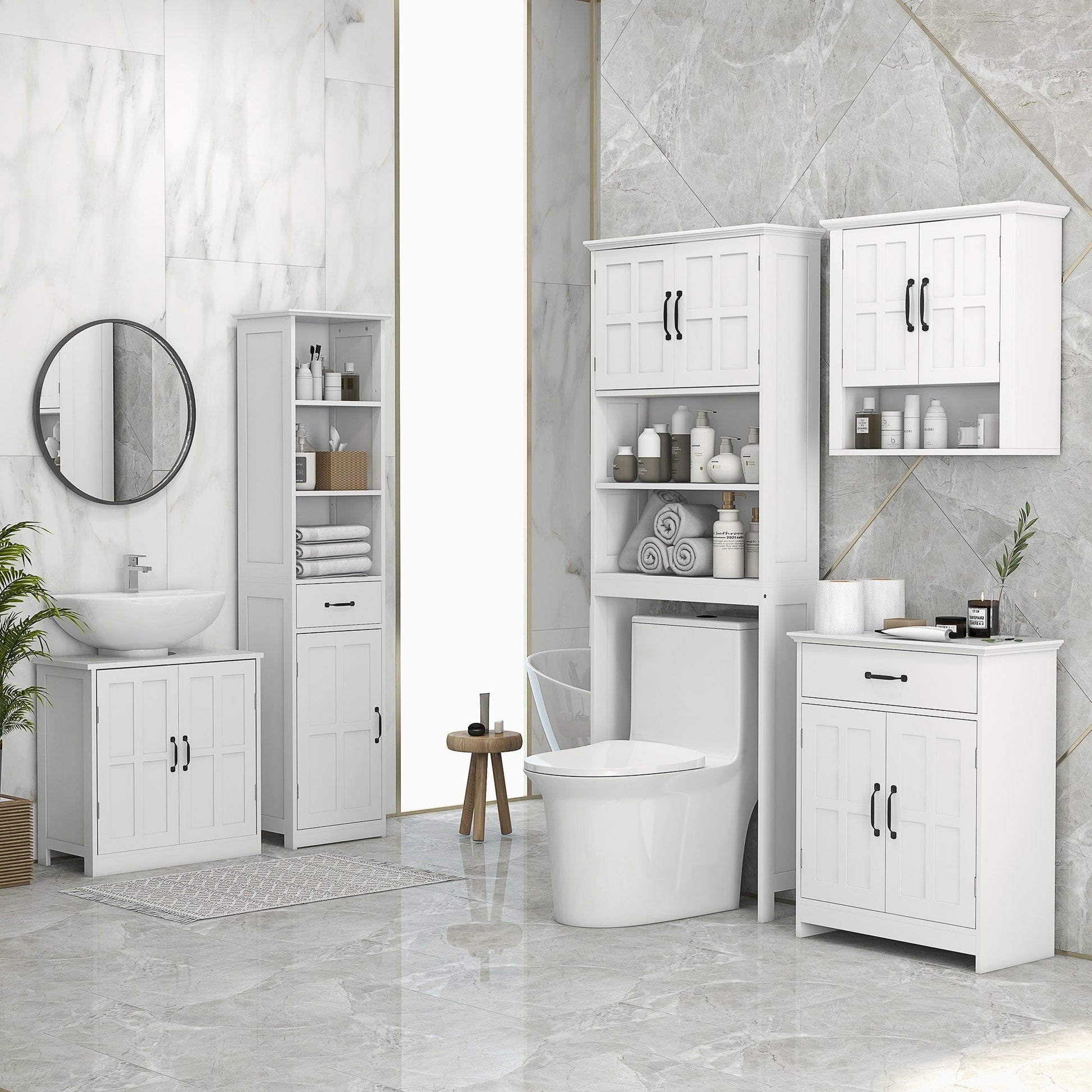 Modern Bathroom Cabinet, Narrow Bathroom Vanities with 3 Open Shelves, Drawer and Adjustable Shelf, White Bathroom Cabinets   at Gallery Canada