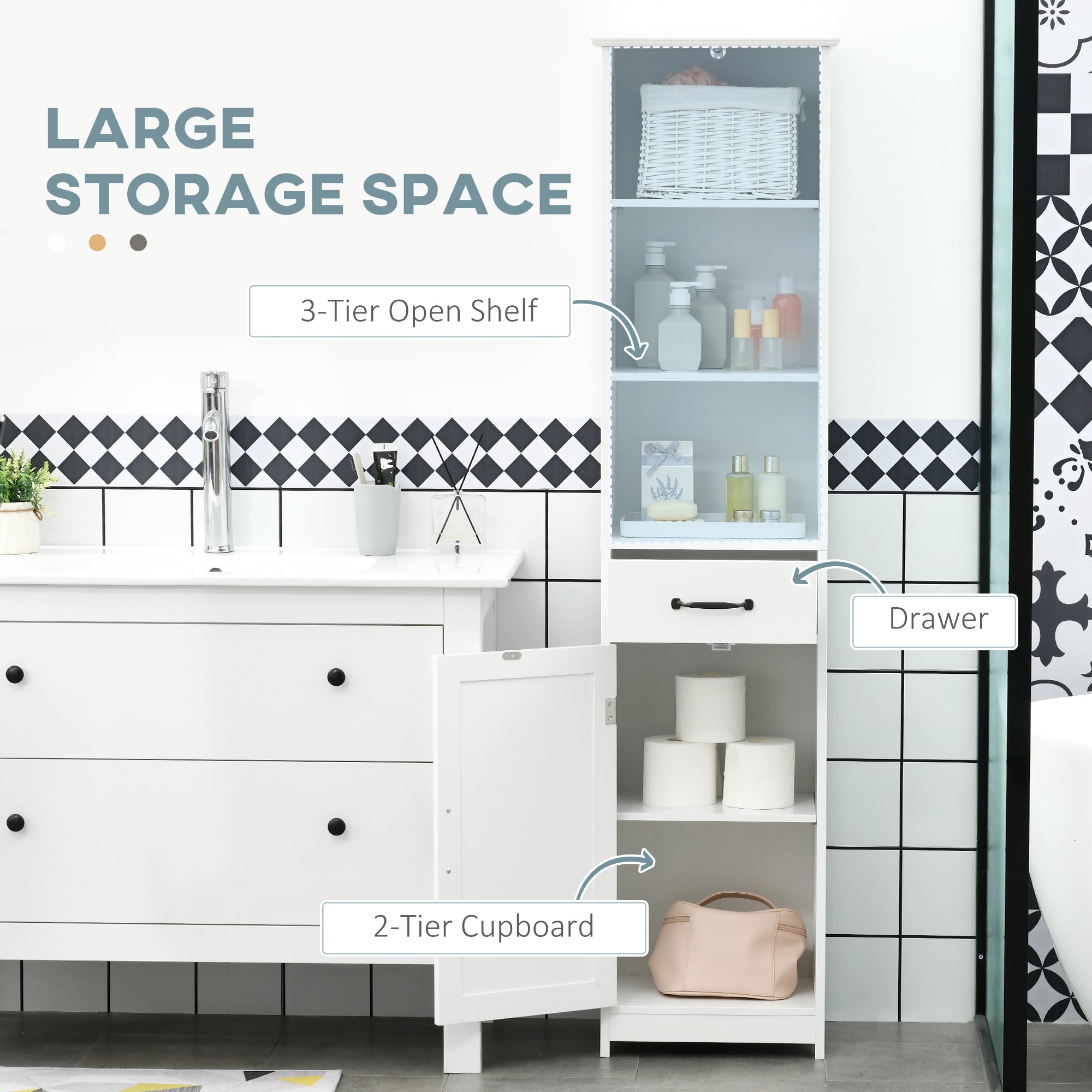 Modern Bathroom Cabinet, Narrow Bathroom Vanities with 3 Open Shelves, Drawer and Adjustable Shelf, White Bathroom Cabinets   at Gallery Canada