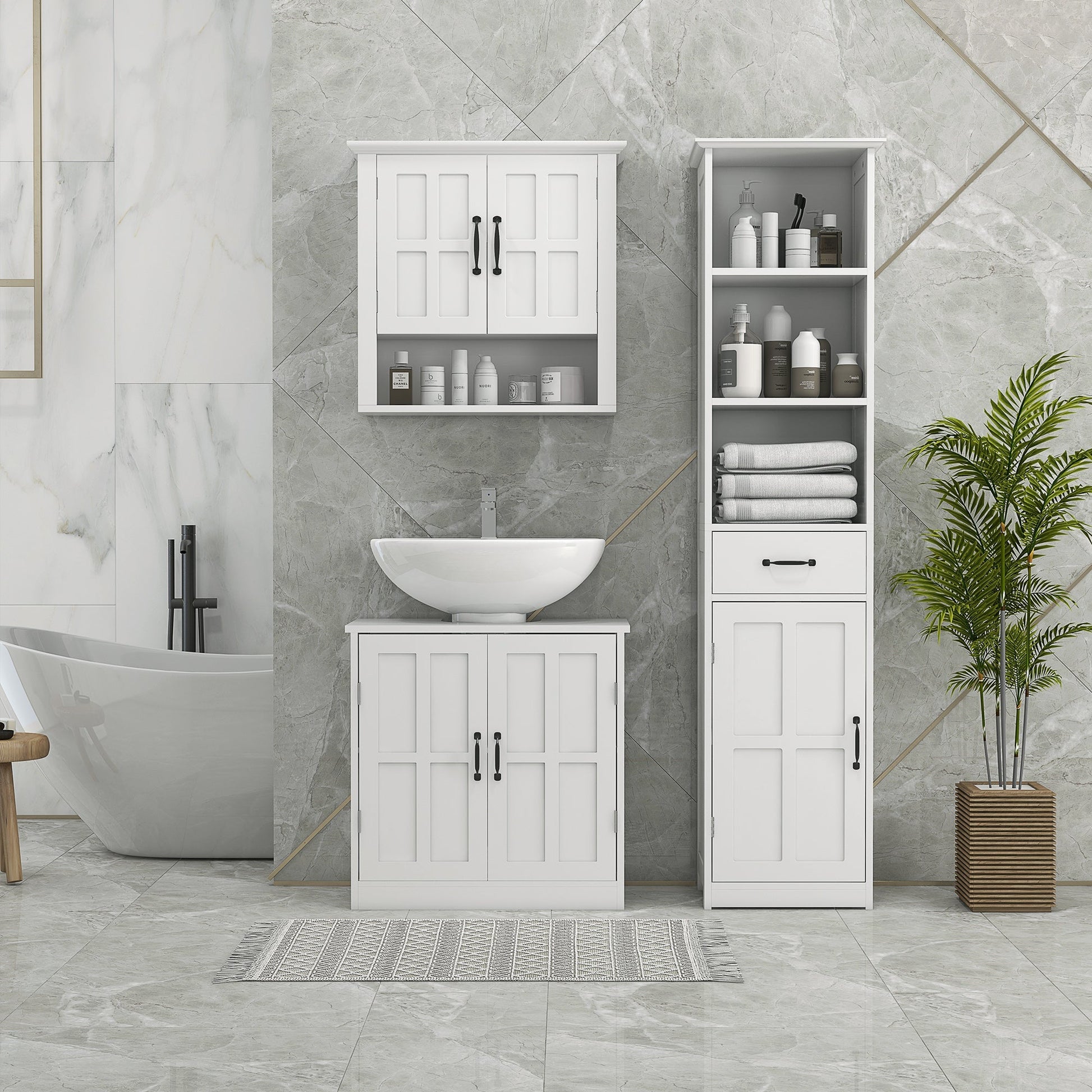 Modern Bathroom Cabinet, Narrow Bathroom Vanities with 3 Open Shelves, Drawer and Adjustable Shelf, White Bathroom Cabinets   at Gallery Canada