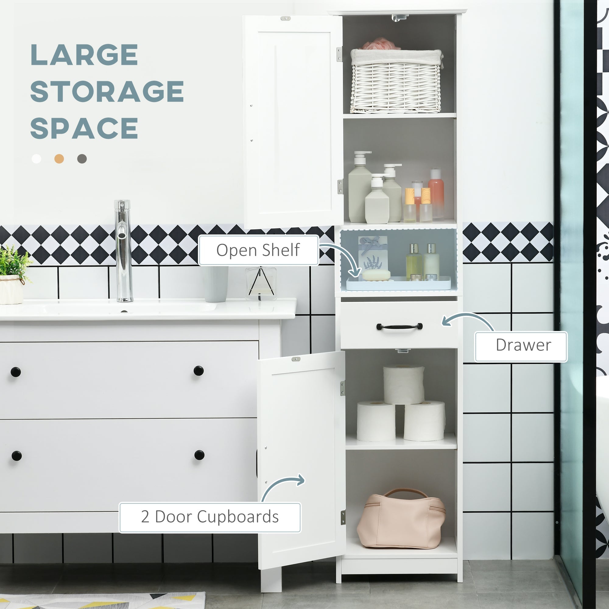 Modern Bathroom Cabinet, Narrow Bathroom Vanities with Open Shelf Drawer Recessed Doors and Adjustable Shelves White Bathroom Cabinets   at Gallery Canada