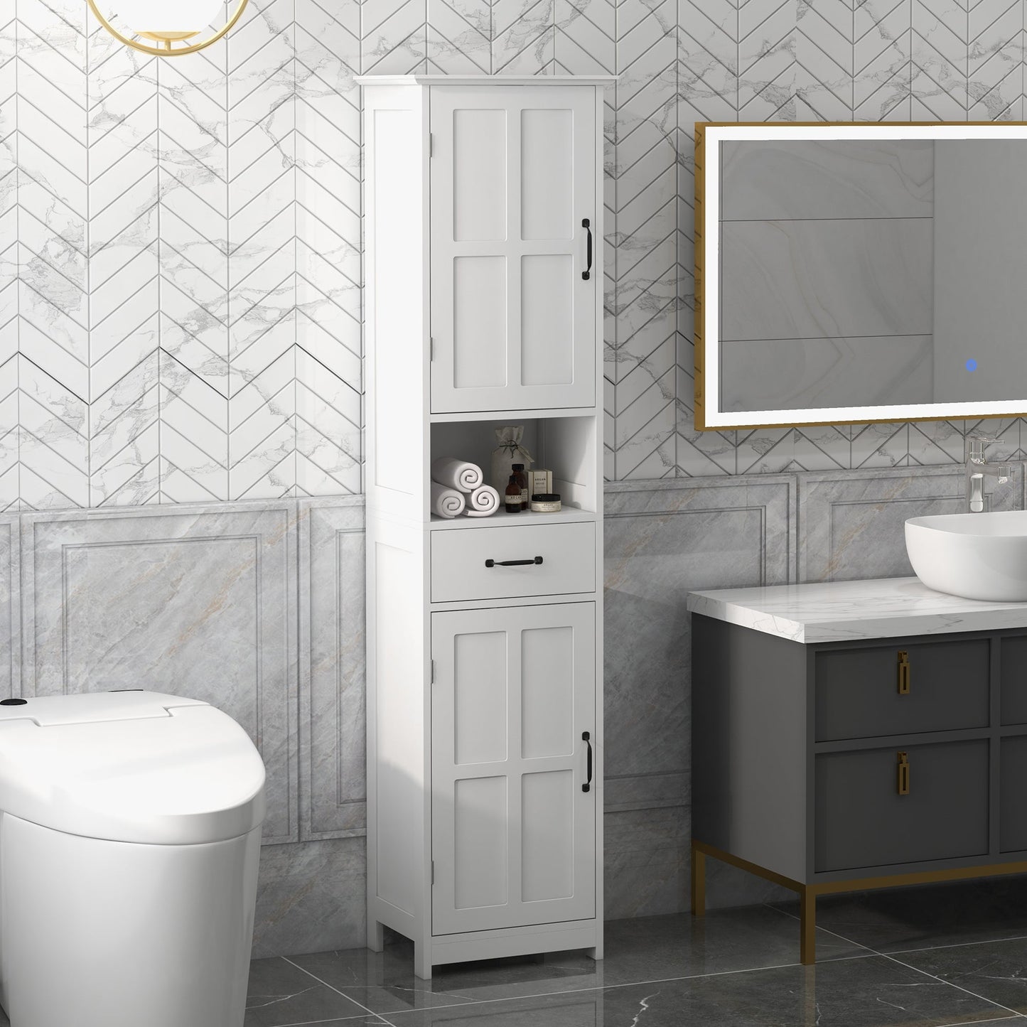 Modern Bathroom Cabinet, Narrow Bathroom Vanities with Open Shelf Drawer Recessed Doors and Adjustable Shelves White Bathroom Cabinets   at Gallery Canada