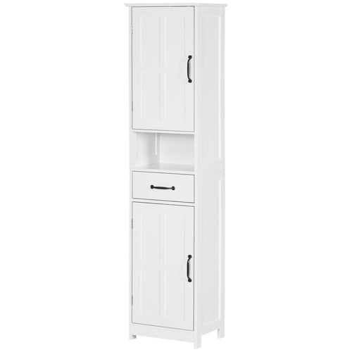 Modern Bathroom Cabinet, Narrow Bathroom Vanities with Open Shelf Drawer Recessed Doors and Adjustable Shelves White