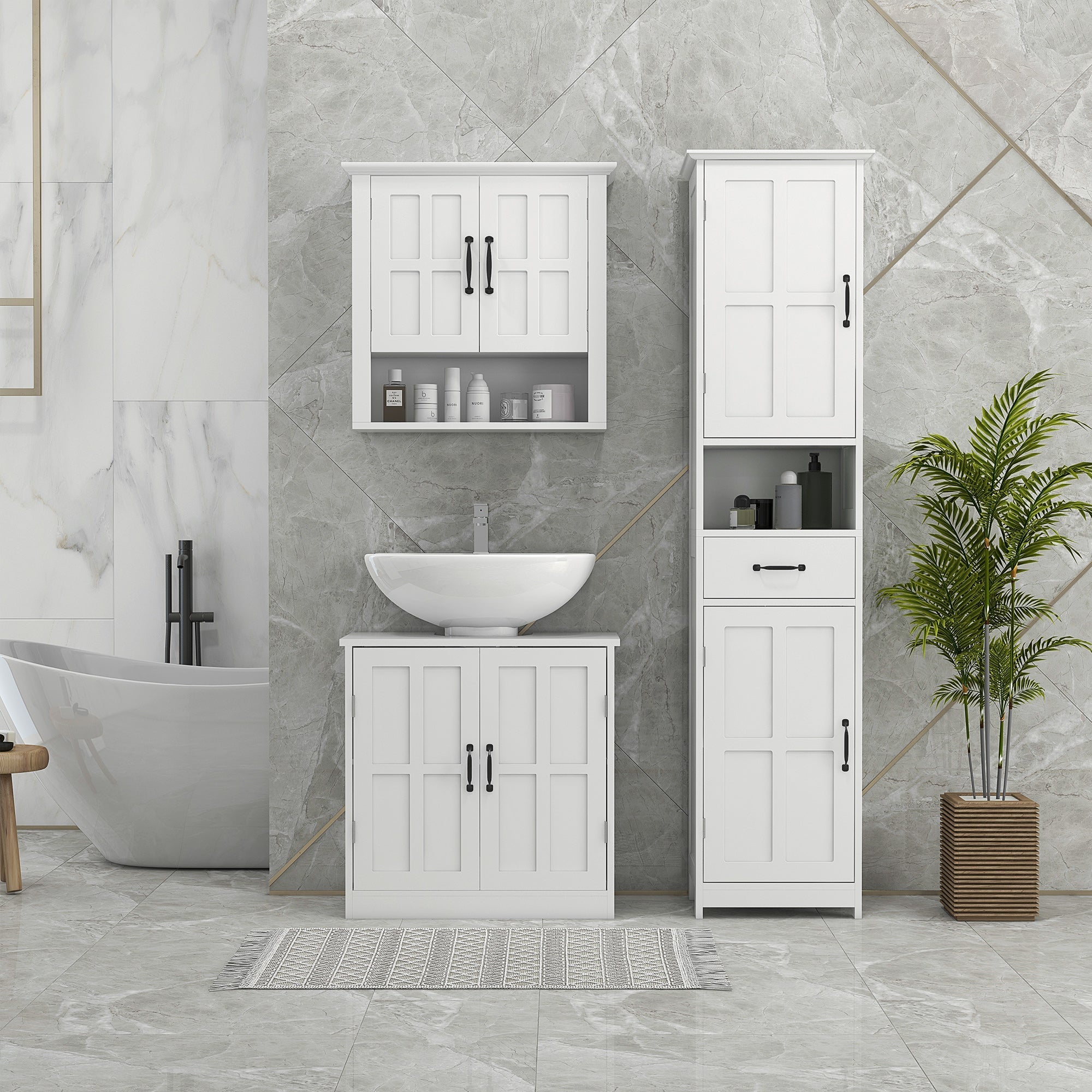 Modern Bathroom Cabinet, Narrow Bathroom Vanities with Open Shelf Drawer Recessed Doors and Adjustable Shelves White Bathroom Cabinets   at Gallery Canada