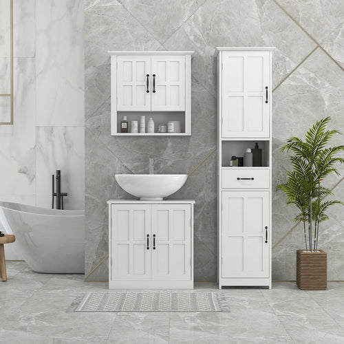 Modern Bathroom Cabinet, Narrow Bathroom Vanities with Open Shelf Drawer Recessed Doors and Adjustable Shelves White