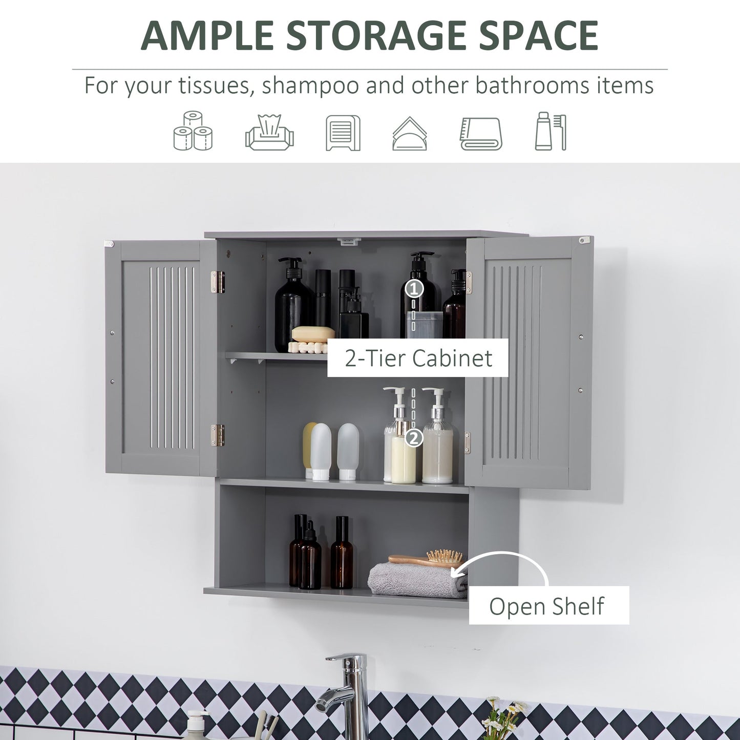 Modern Bathroom Cabinet, Wall Mounted Medicine Cabinet, Storage Organizer with 2 Door Cabinet and Shelf, Grey Wall Mounted Cabinets   at Gallery Canada