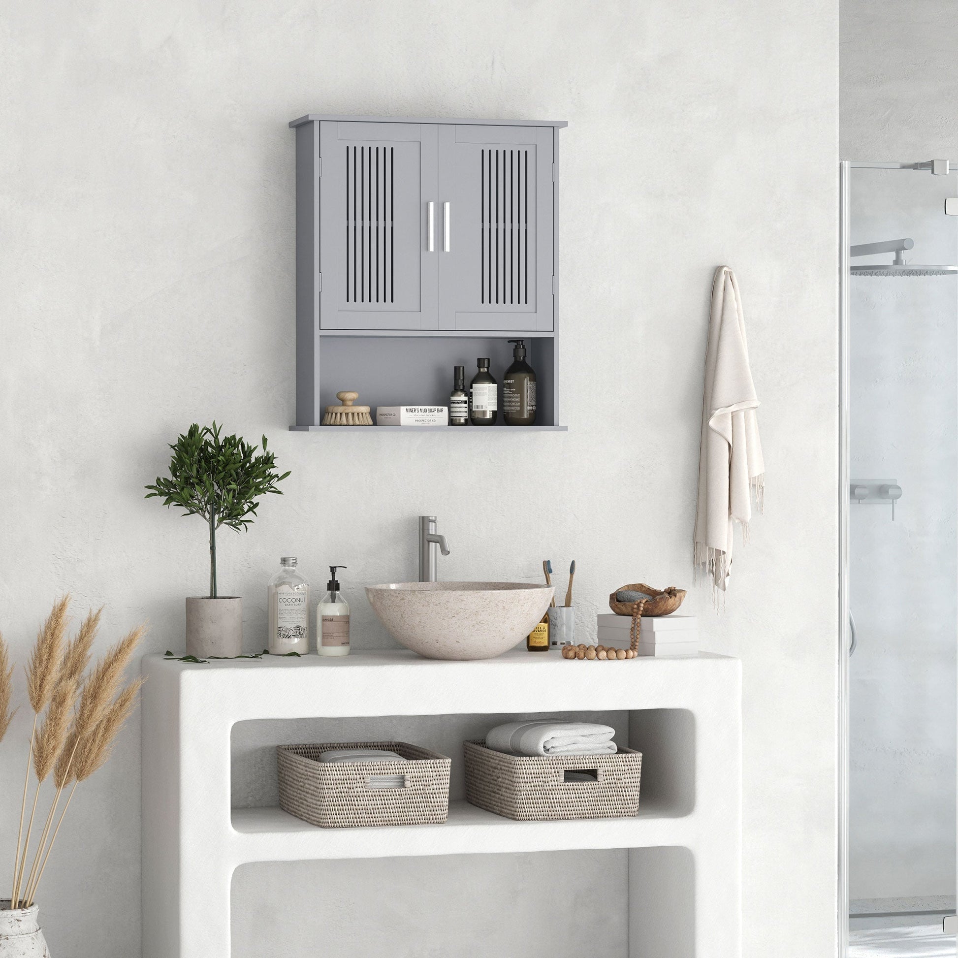 Modern Bathroom Cabinet, Wall Mounted Medicine Cabinet, Storage Organizer with 2 Door Cabinet and Shelf, Grey Wall Mounted Cabinets   at Gallery Canada