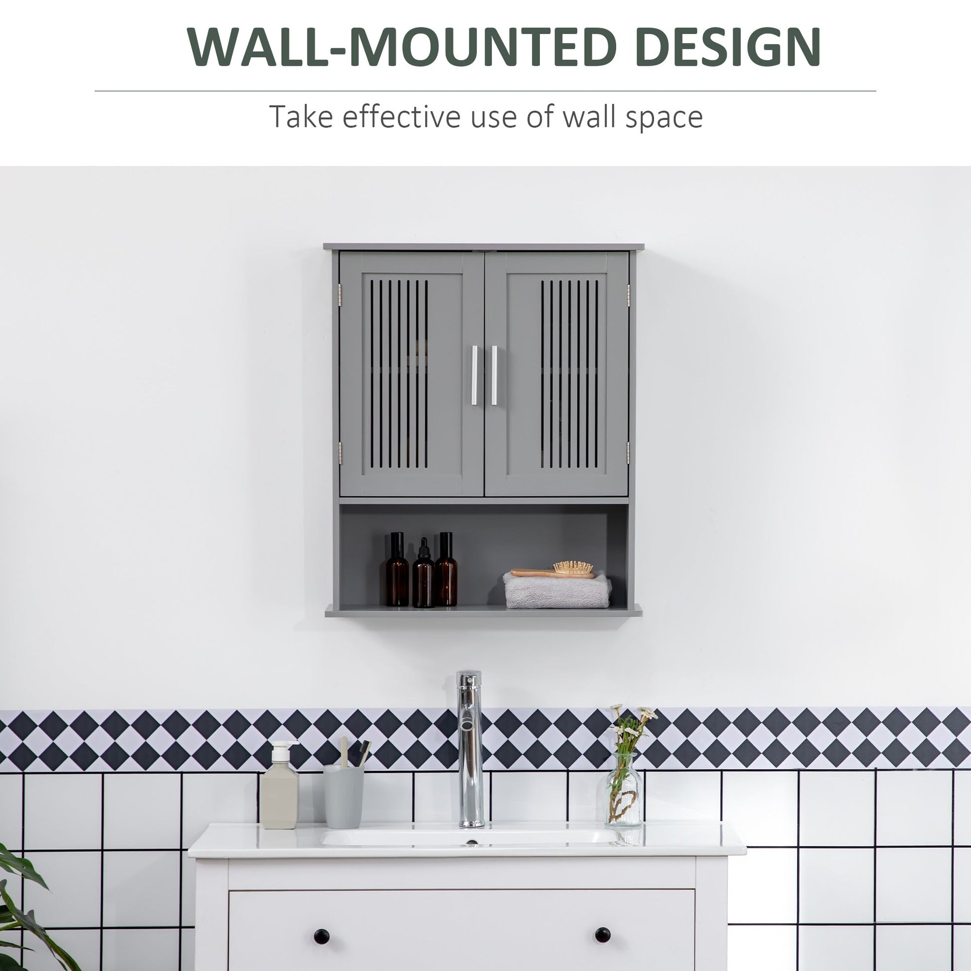 Modern Bathroom Cabinet, Wall Mounted Medicine Cabinet, Storage Organizer with 2 Door Cabinet and Shelf, Grey Wall Mounted Cabinets   at Gallery Canada