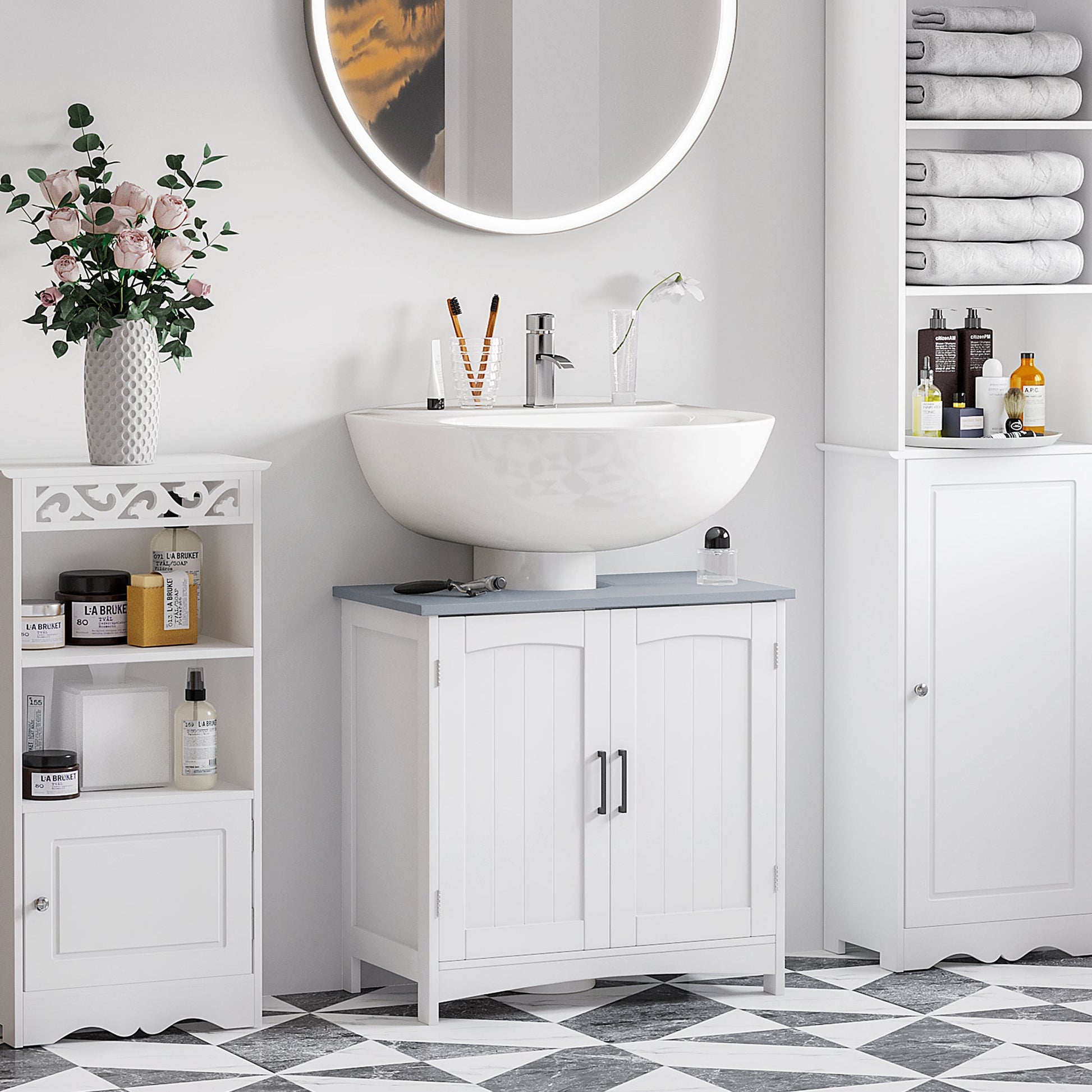 Modern Bathroom Sink Cabinet, Pedestal Sink Storage Cabinet with Double Doors and Adjustable Shelf, White Bathroom Cabinets   at Gallery Canada