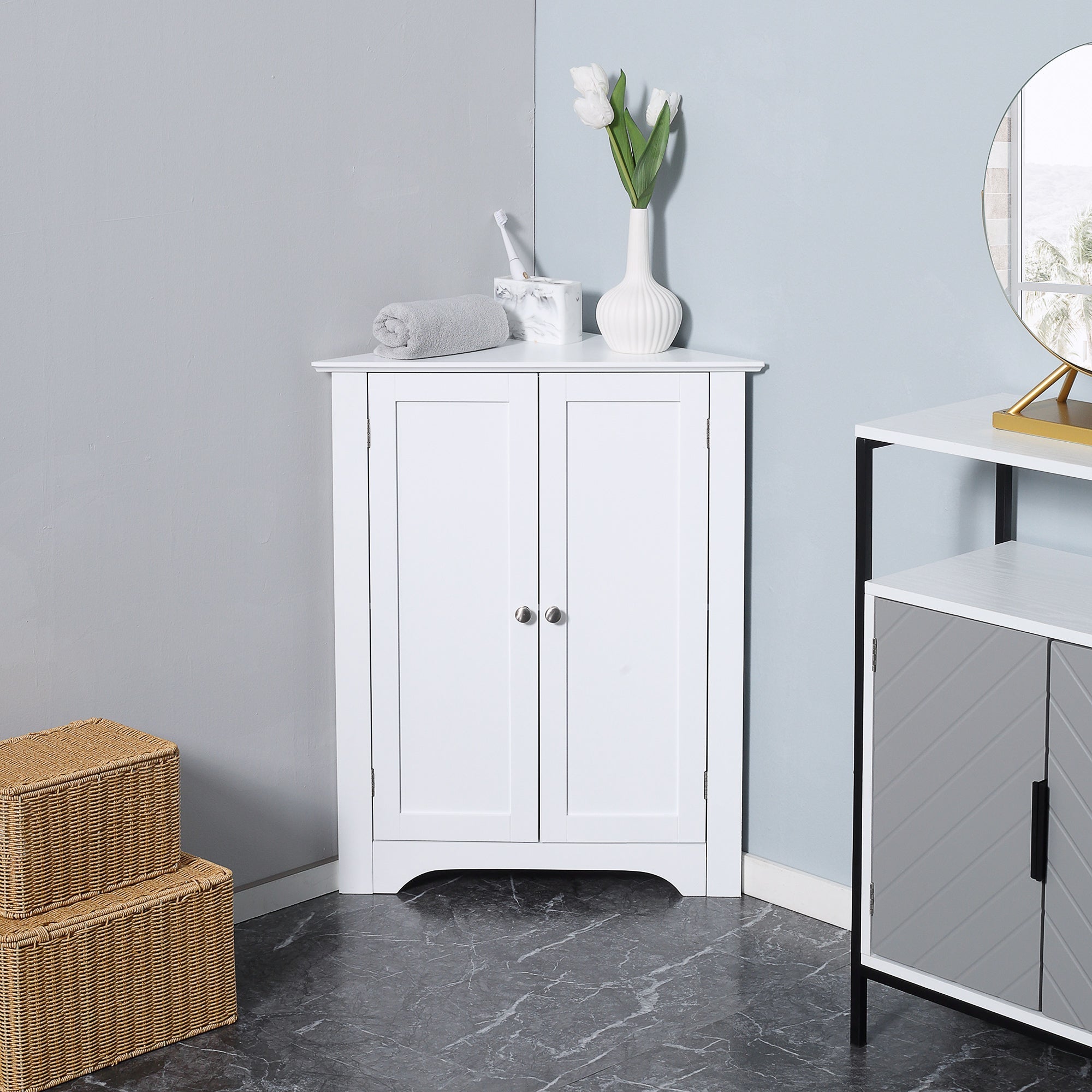 Modern Bathroom Storage Cabinet, Corner Cabinet with Doors, Bathroom Cabinet with Adjustable Shelf and Recessed Door, White Bathroom Cabinets   at Gallery Canada