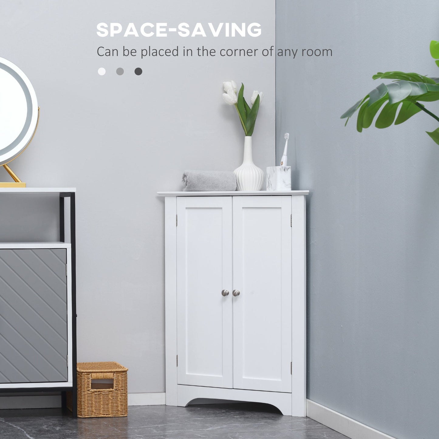 Modern Bathroom Storage Cabinet, Corner Cabinet with Doors, Bathroom Cabinet with Adjustable Shelf and Recessed Door, White Bathroom Cabinets   at Gallery Canada