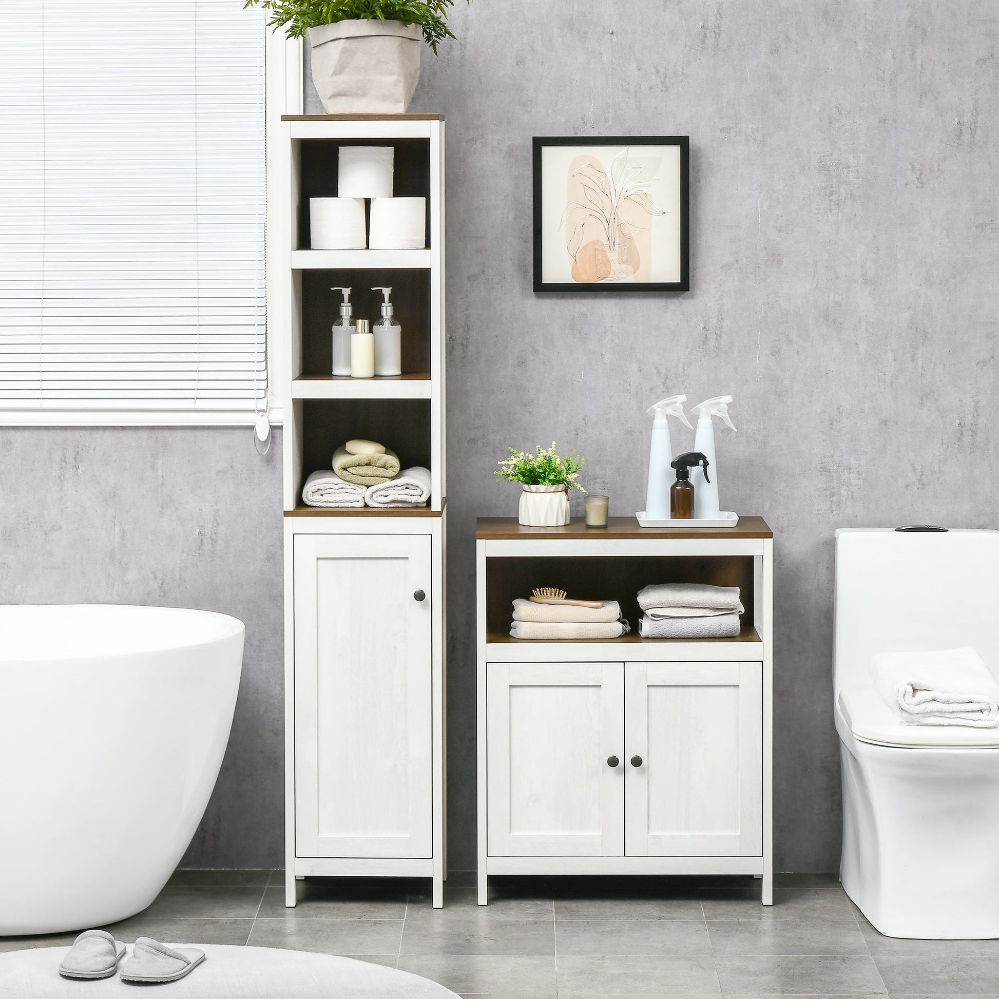 Modern Bathroom Storage Cabinet, Free Standing Bathroom Cabinet, Open Compartment and Cupboard with Adjustable Shelf, White and Walnut Bathroom Cabinets   at Gallery Canada