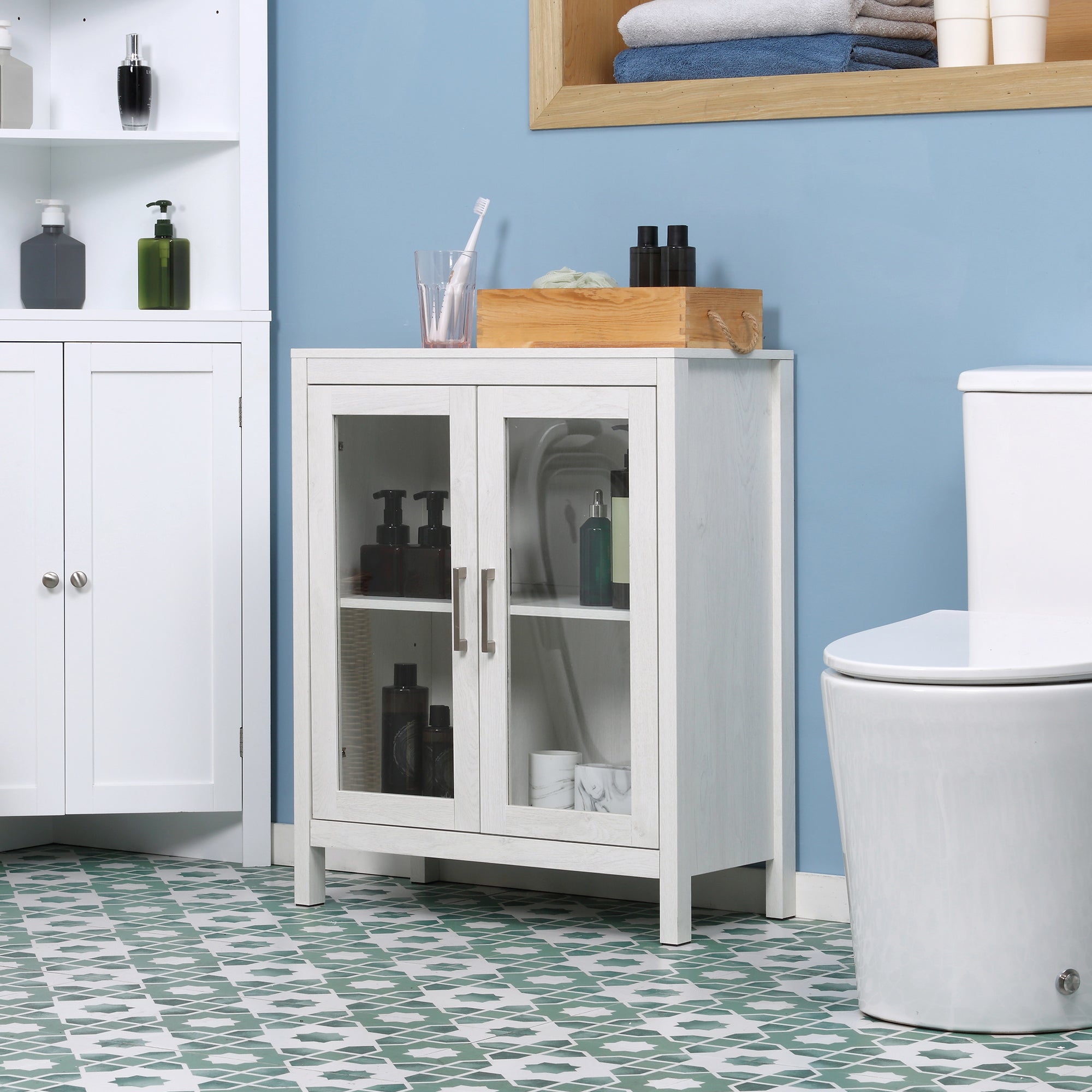 Modern Bathroom Storage Cabinet, Free Standing Bathroom Cabinet with Double Glass Doors and Adjustable Shelf, White Bathroom Cabinets   at Gallery Canada