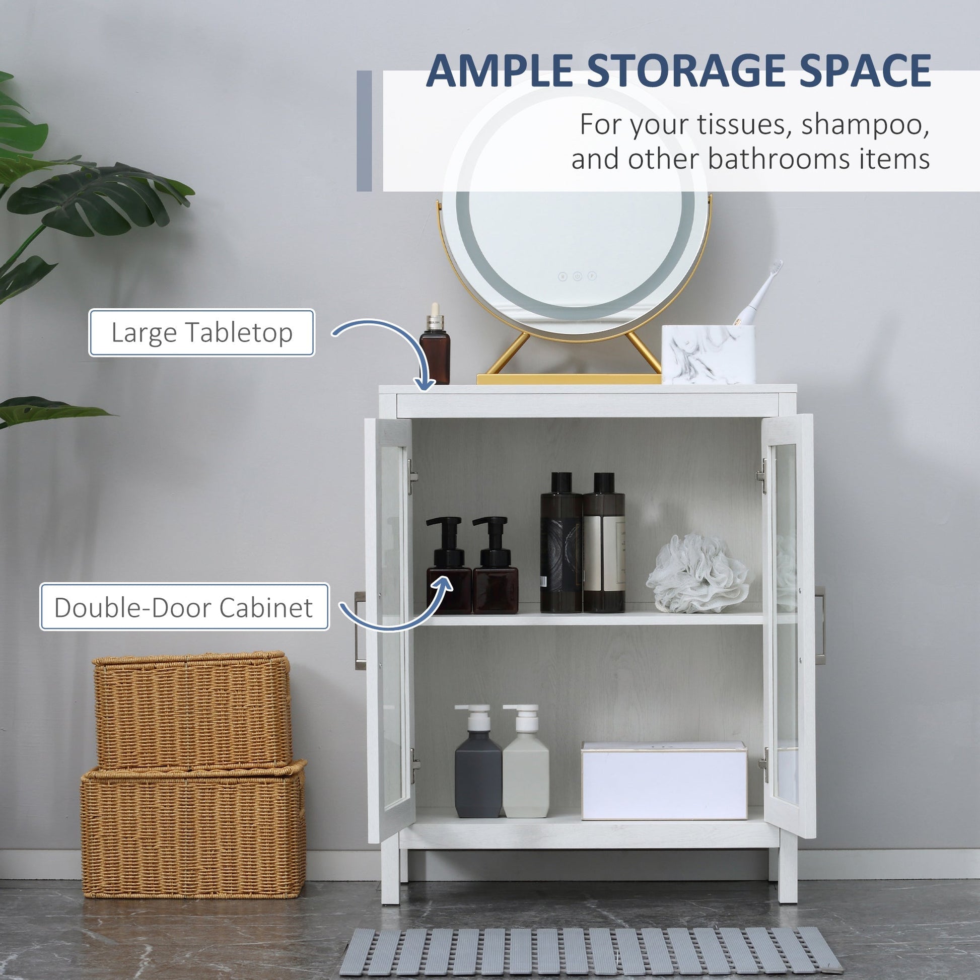 Modern Bathroom Storage Cabinet, Free Standing Bathroom Cabinet with Double Glass Doors and Adjustable Shelf, White Bathroom Cabinets   at Gallery Canada