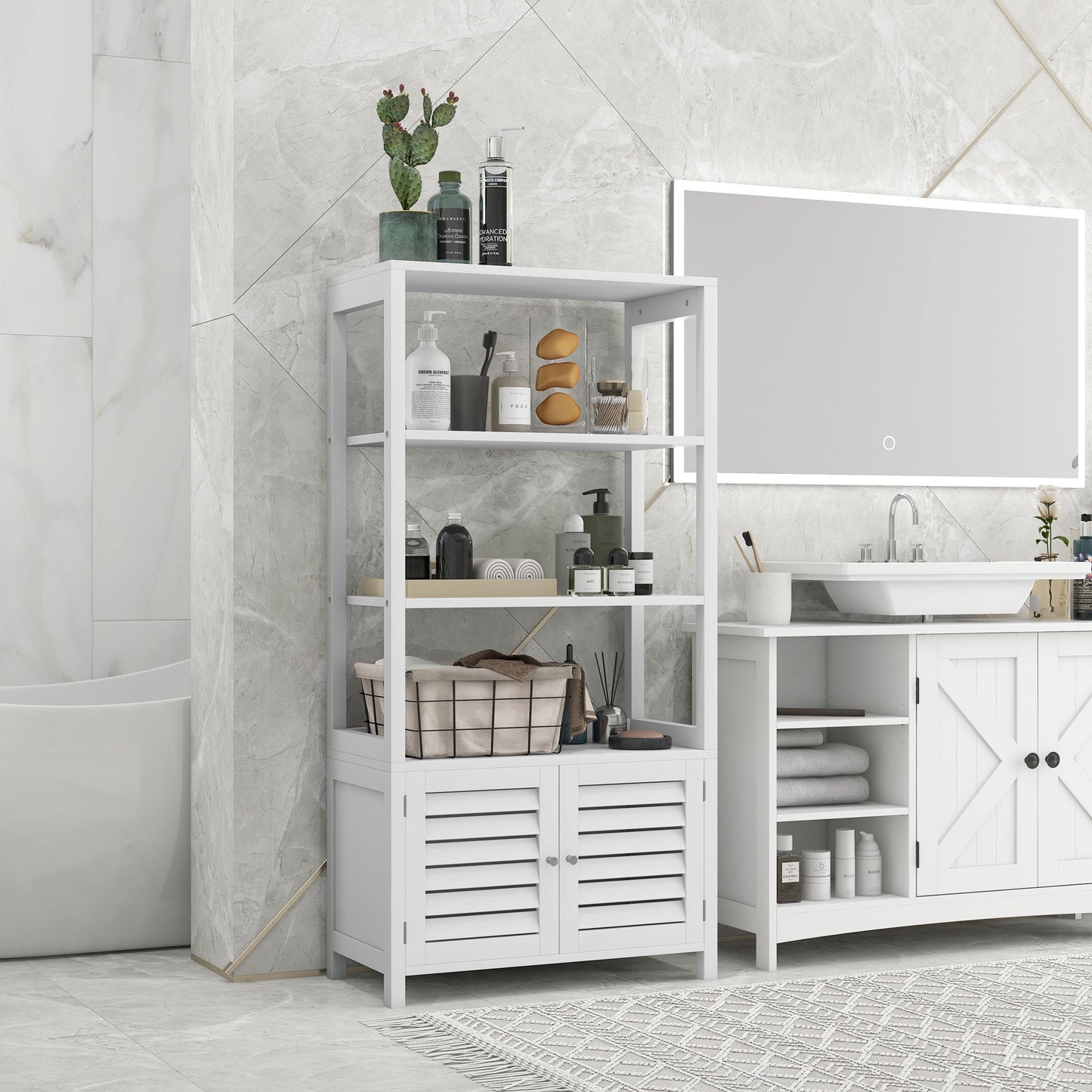 Modern Bathroom Storage Cabinet, Linen Cabinet with Slatted Doors and 3 Open Shelves, 23.6" x 11.8" x 48", White Bathroom Cabinets   at Gallery Canada