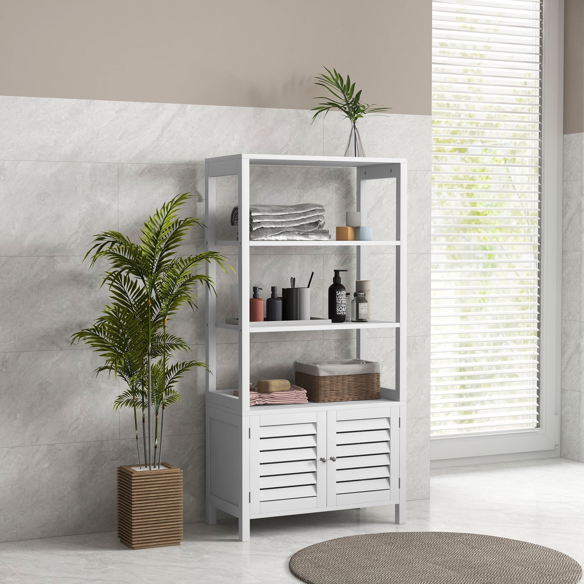 Modern Bathroom Storage Cabinet, Linen Cabinet with Slatted Doors and 3 Open Shelves, 23.6" x 11.8" x 48", White Bathroom Cabinets   at Gallery Canada