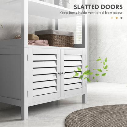 Modern Bathroom Storage Cabinet, Linen Cabinet with Slatted Doors and 3 Open Shelves, 23.6" x 11.8" x 48", White Bathroom Cabinets   at Gallery Canada