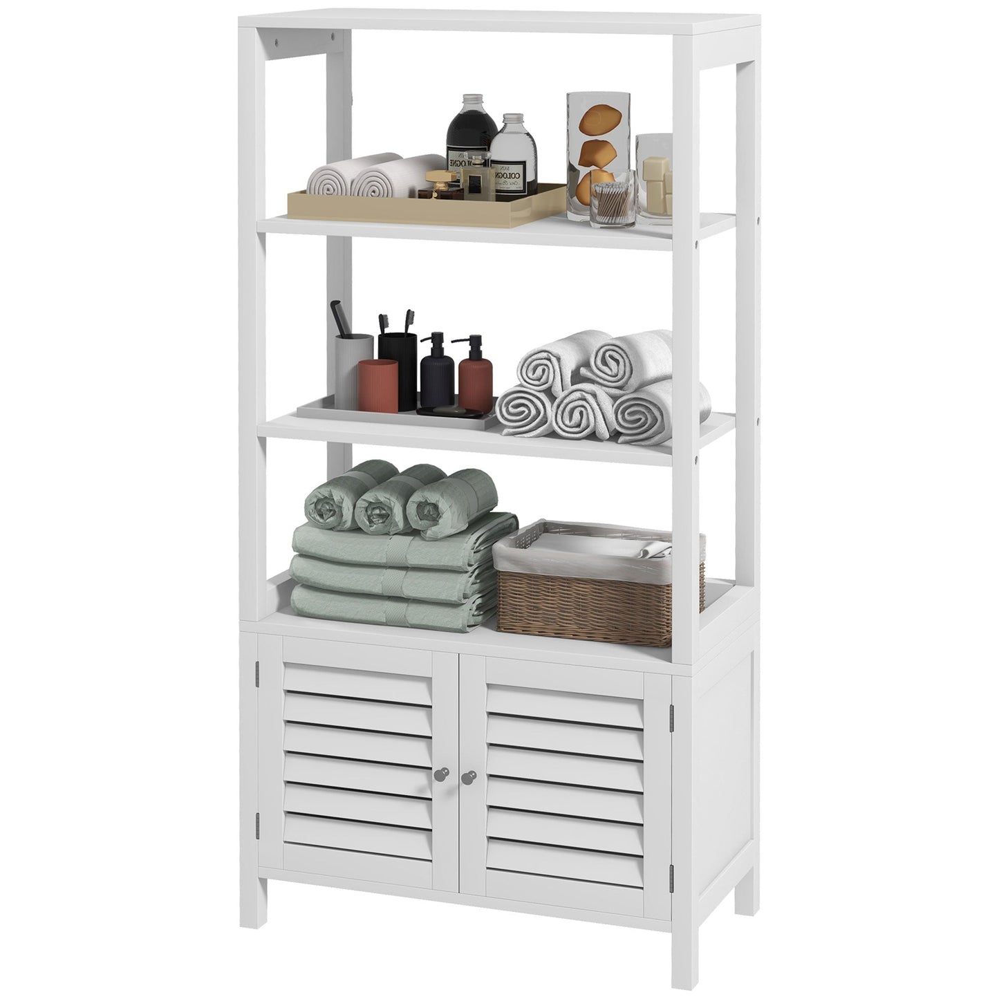 Modern Bathroom Storage Cabinet, Linen Cabinet with Slatted Doors and 3 Open Shelves, 23.6" x 11.8" x 48", White Bathroom Cabinets White  at Gallery Canada
