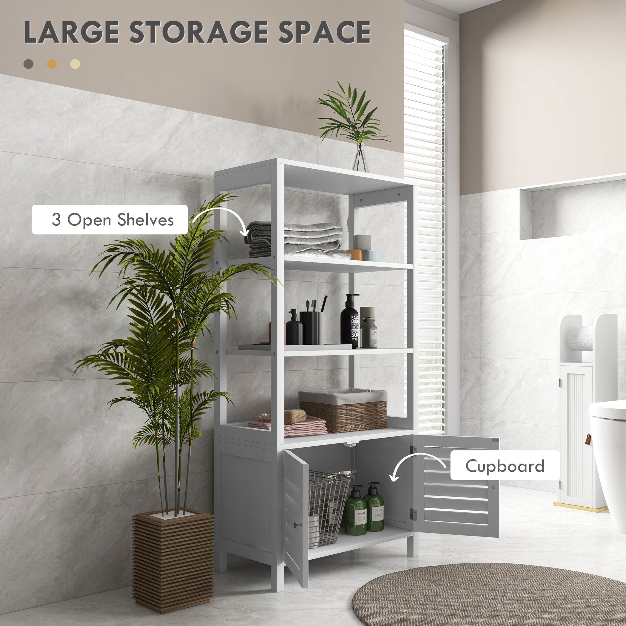 Modern Bathroom Storage Cabinet, Linen Cabinet with Slatted Doors and 3 Open Shelves, 23.6