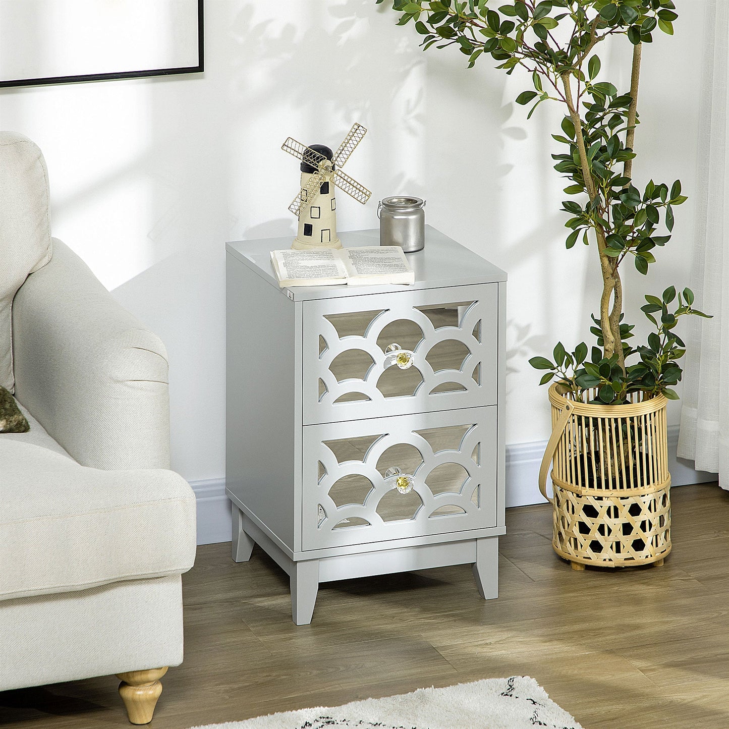 Modern Bedside Table, Side End Table with Drawers and Front Mirror, 15.4"x14.4"x23.6", Gray Bedside Tables   at Gallery Canada