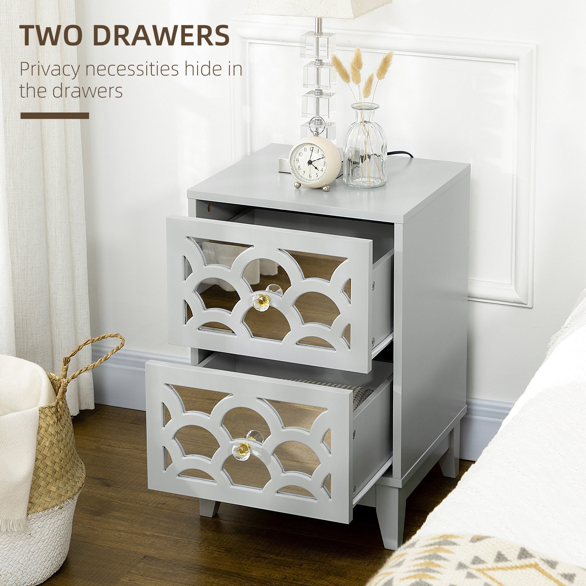 Modern Bedside Table, Side End Table with Drawers and Front Mirror, 15.4