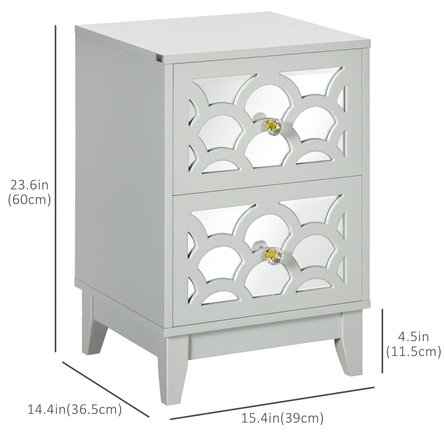 Modern Bedside Table, Side End Table with Drawers and Front Mirror, 15.4"x14.4"x23.6", Gray Bedside Tables   at Gallery Canada