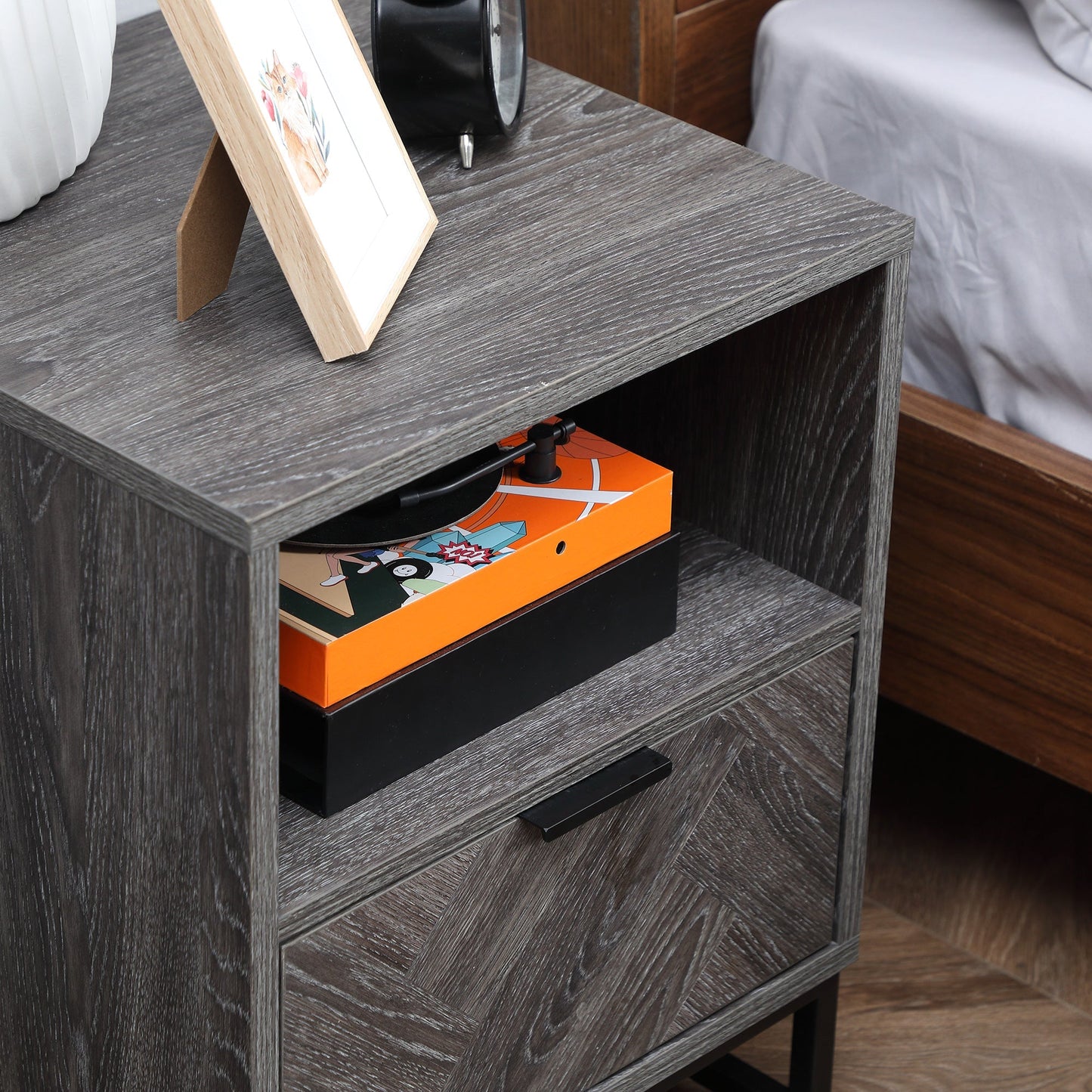 Modern Bedside Table with Drawer and Open Shelf, Sofa Side Table for Bedroom Living Room, Dark Grey Bedside Tables   at Gallery Canada