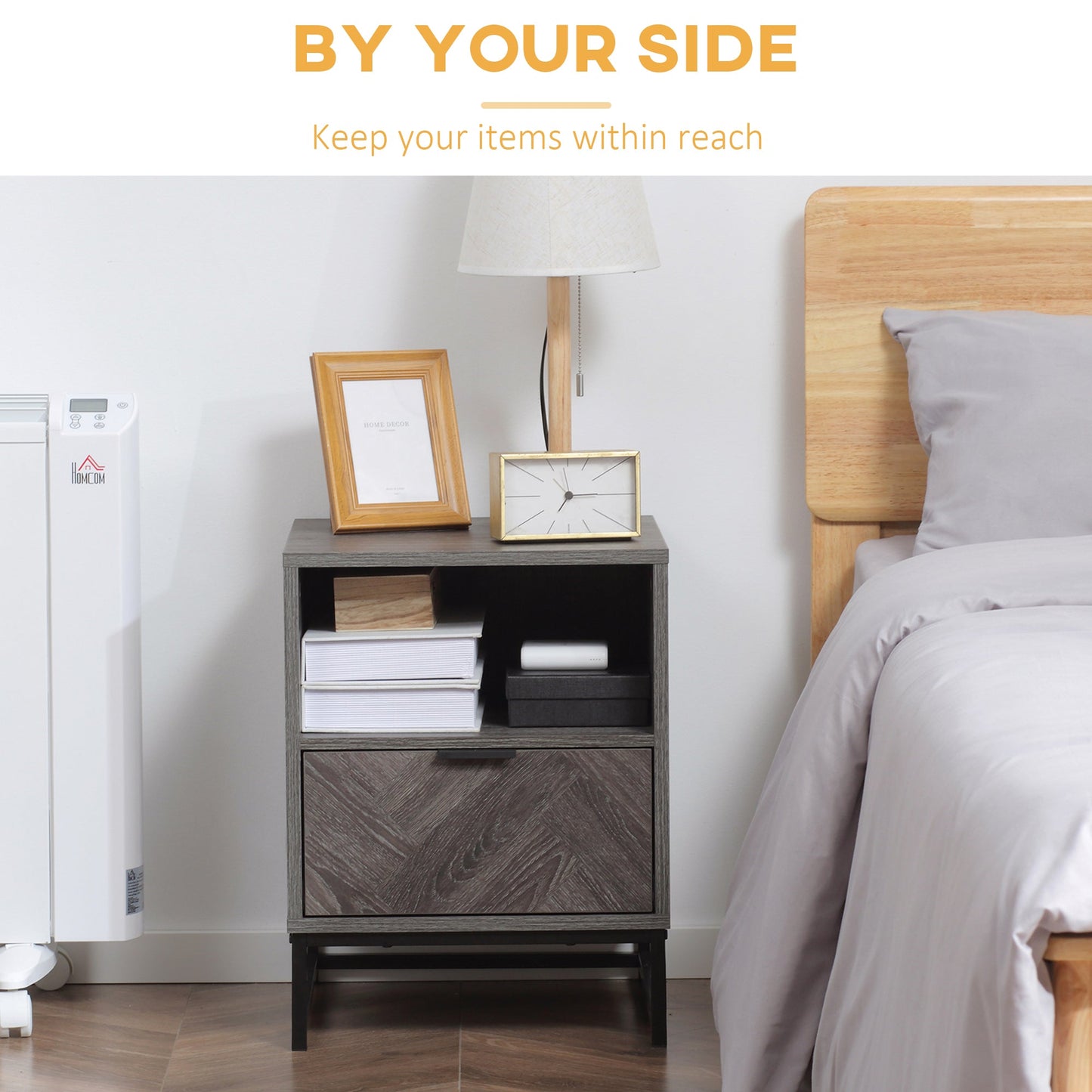 Modern Bedside Table with Drawer and Open Shelf, Sofa Side Table for Bedroom Living Room, Dark Grey Bedside Tables   at Gallery Canada