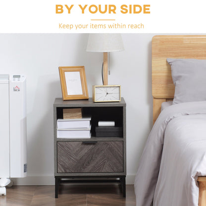 Modern Bedside Table with Drawer and Open Shelf, Sofa Side Table for Bedroom Living Room, Dark Grey Bedside Tables   at Gallery Canada