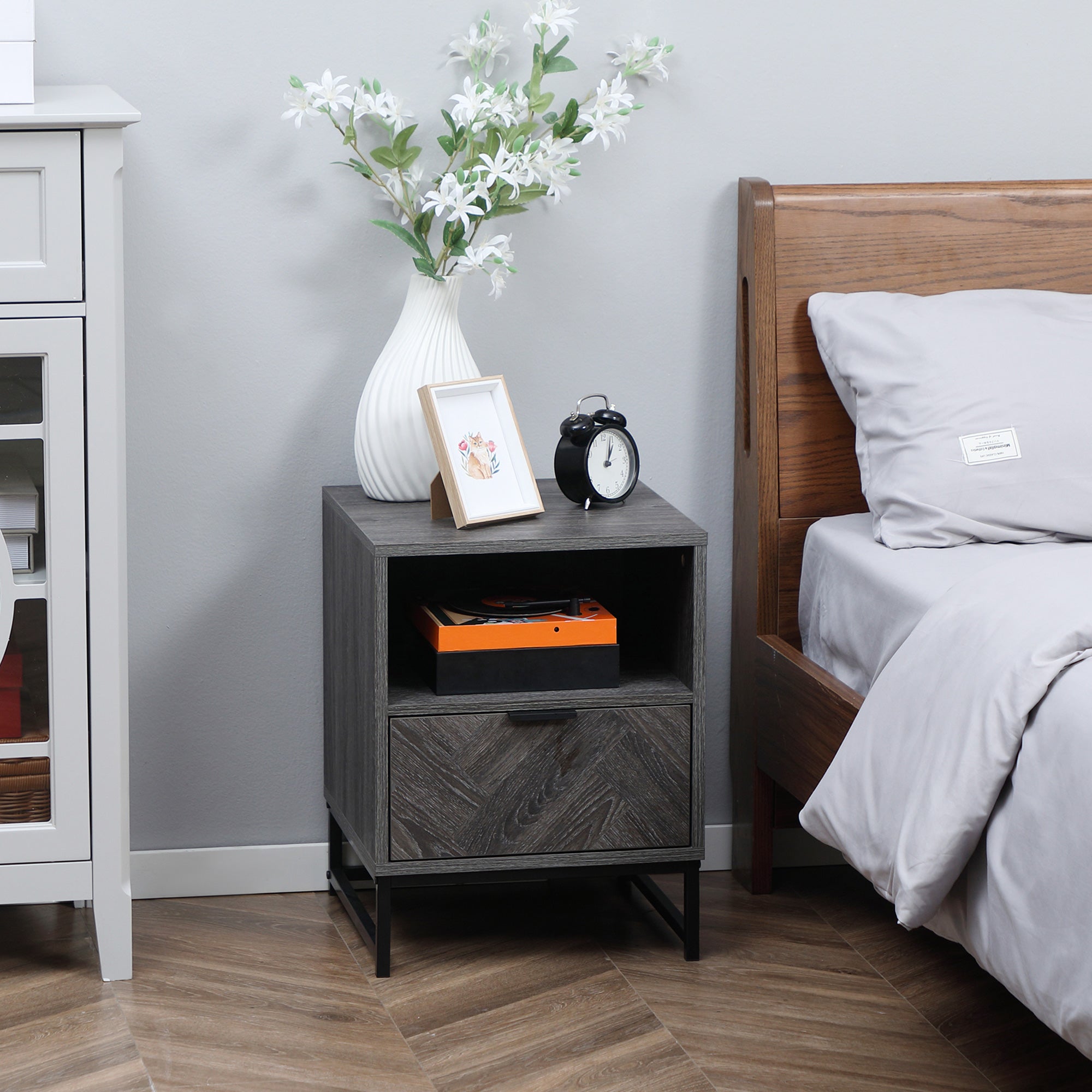 Modern Bedside Table with Drawer and Open Shelf, Sofa Side Table for Bedroom Living Room, Dark Grey Bedside Tables   at Gallery Canada