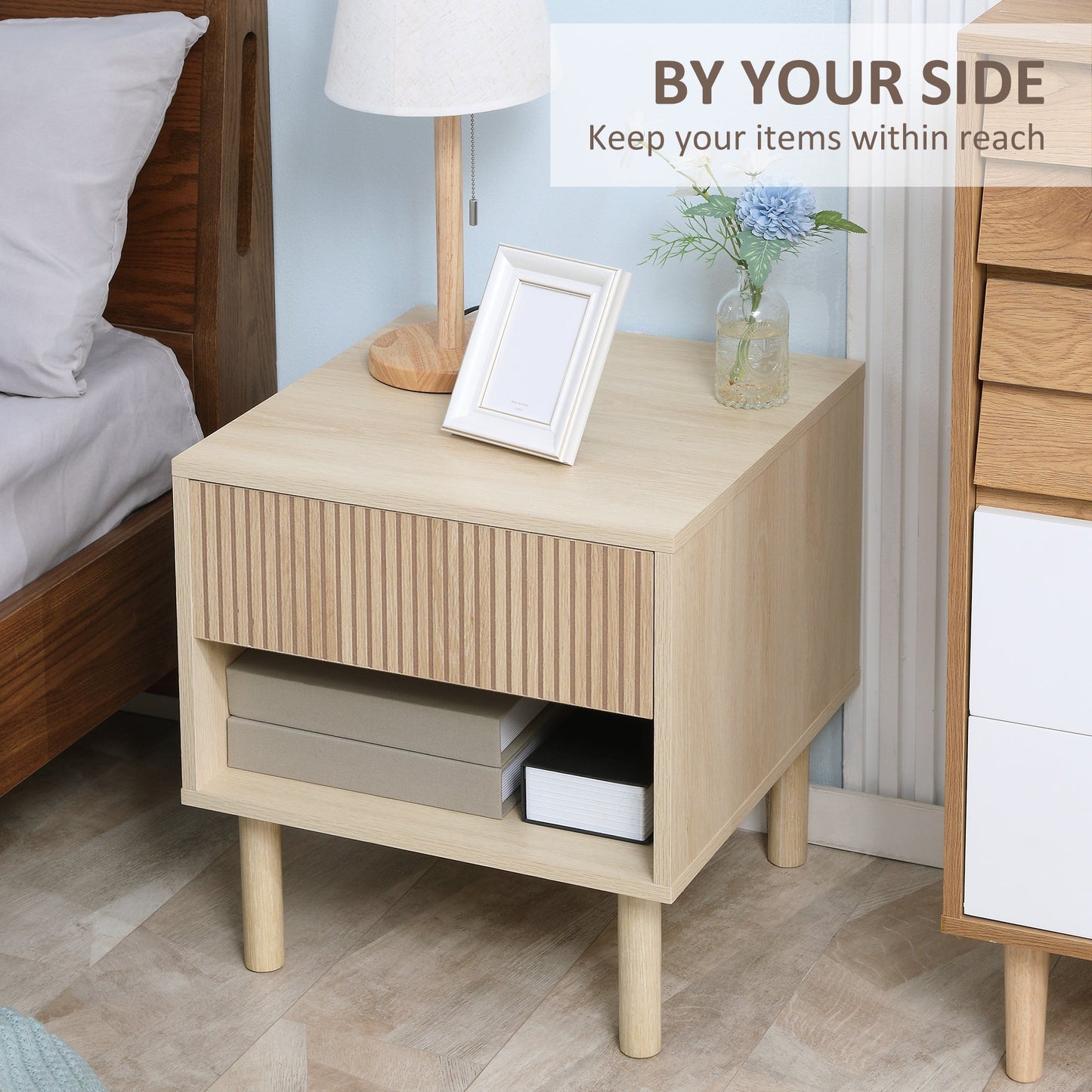 Modern Bedside Table with Drawer and Open Shelf, Sofa Side Table for Bedroom Living Room, Natural Bedside Tables   at Gallery Canada