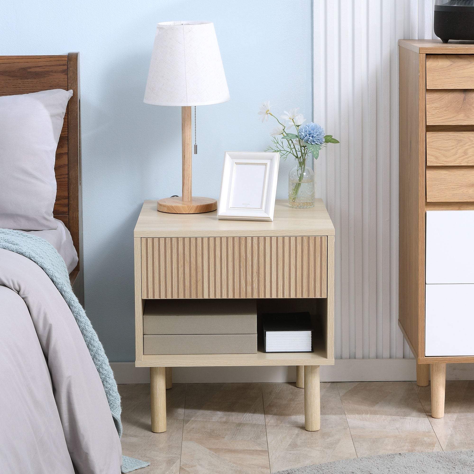 Modern Bedside Table with Drawer and Open Shelf, Sofa Side Table for Bedroom Living Room, Natural Bedside Tables   at Gallery Canada