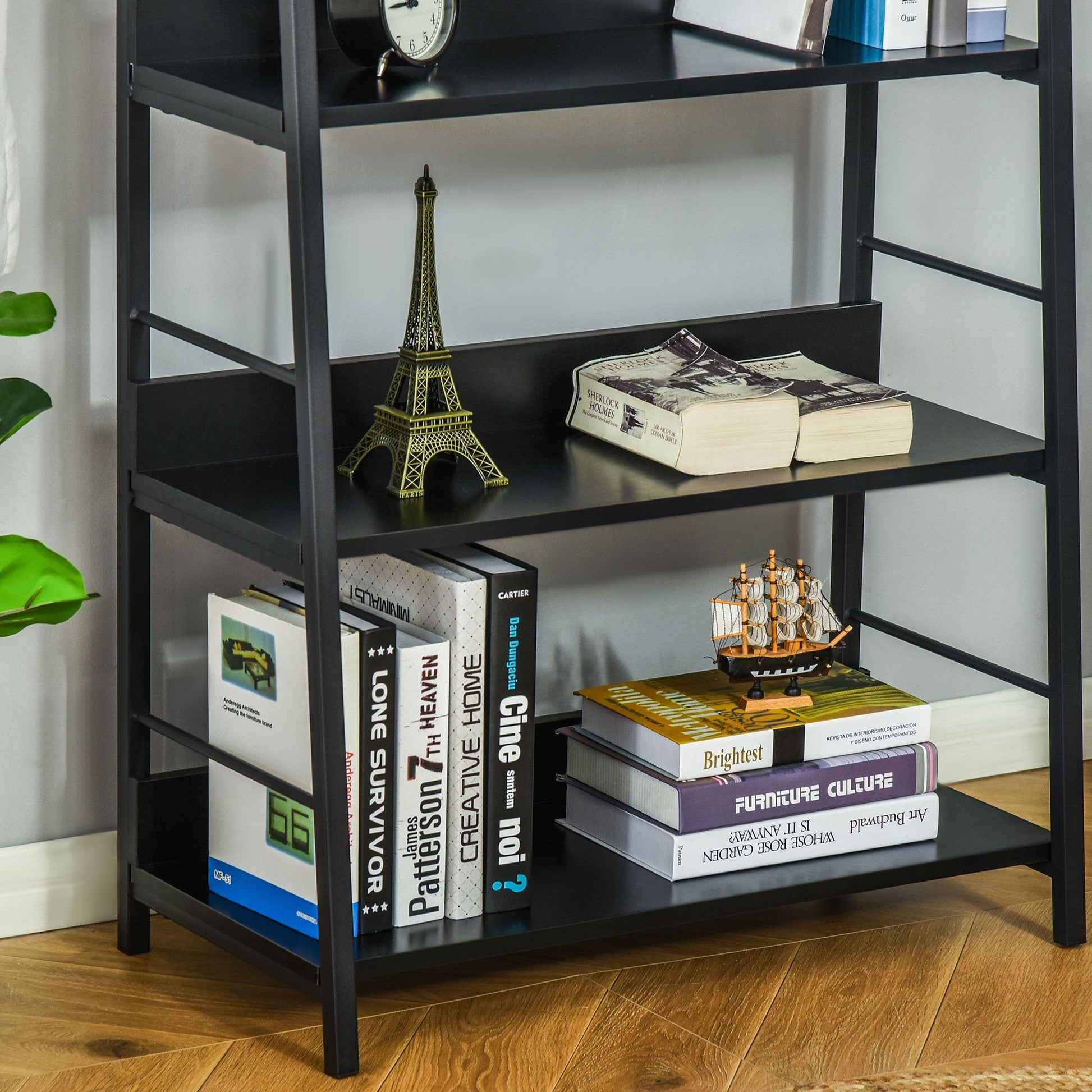 Modern Bookshelf Storage with 5-Tier Wide Shelving, Metal Frame, Wooden Bookcase for Living Room Library Home Furniture, Black Display Bookshelves   at Gallery Canada