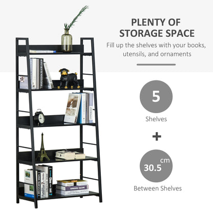 Modern Bookshelf Storage with 5-Tier Wide Shelving, Metal Frame, Wooden Bookcase for Living Room Library Home Furniture, Black Display Bookshelves   at Gallery Canada